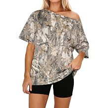 MSBESYOR Women Off The Shoulder Camo T Shirt Short Sleeve Oversized Tee Top | Summer Camouflage Tees, Boat Neck Blouse, Y2K Maple Leaf Graphic Print, Loose Fit, Casual Basic Shirts for Streetwear