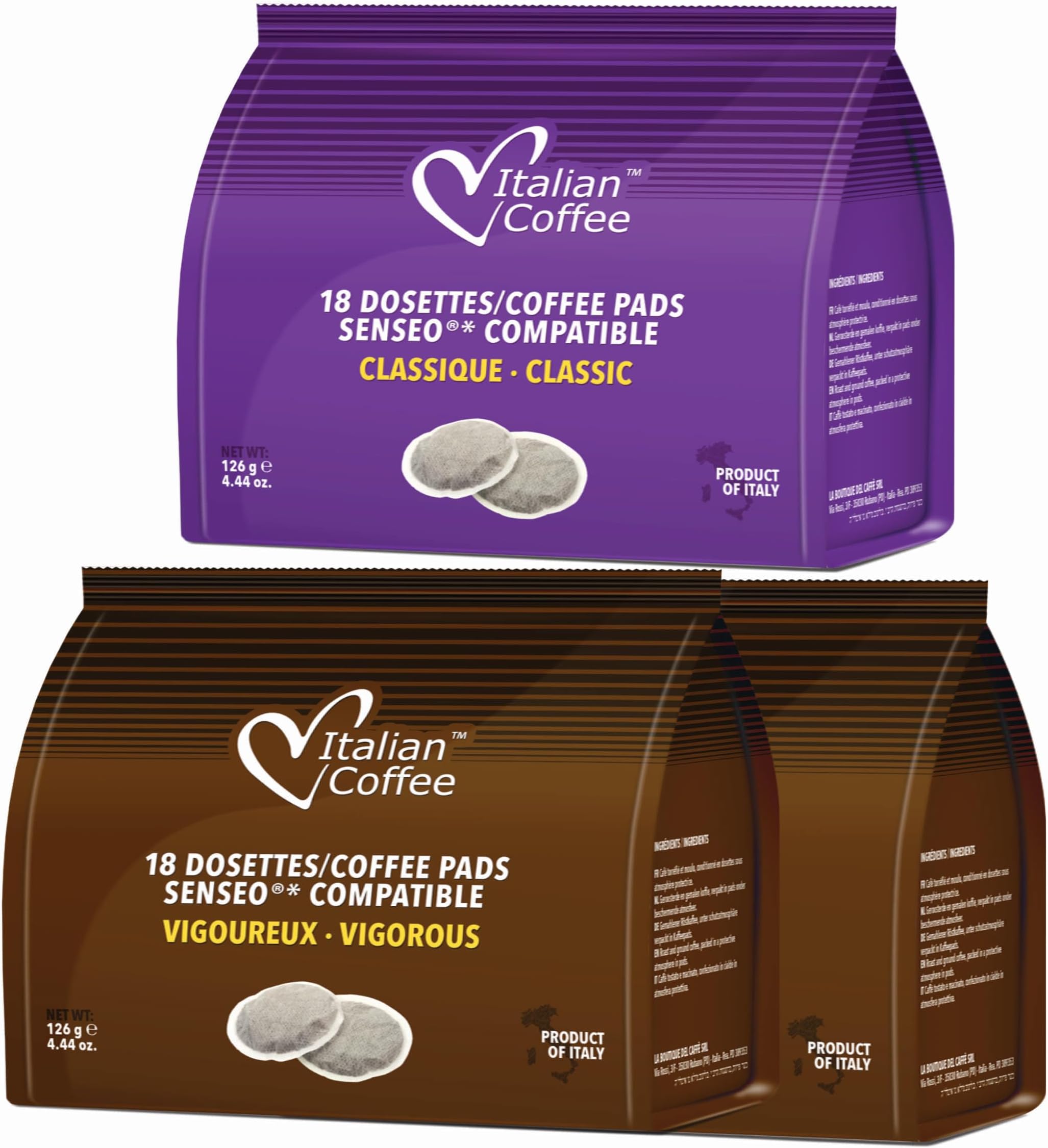 Italian Coffee For Espresso Lovers Italian Coffee pads compatible with Senseo machines (1 Classic / 2 Vigorous, 54 pads)