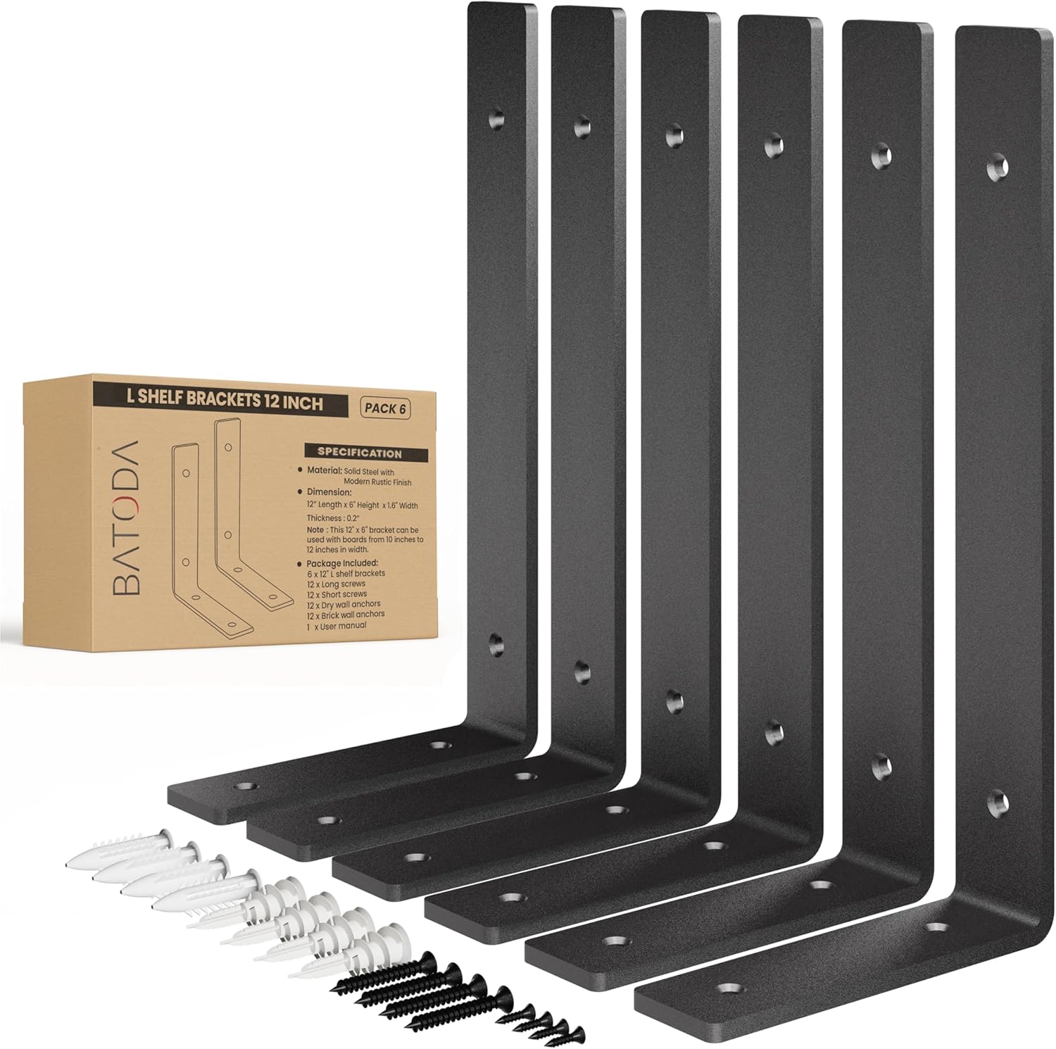 BATODA Pack 6 - 12''L Heavy Duty Shelf Brackets - L Shelf Brackets Black - Hook Brackets for Floating Shelves - Wall Mounted Support for DIY Open Shelving – Shelving Mounting Hardware Included