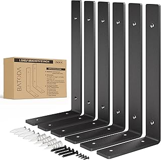 BATODA Pack 6 - 12''L Heavy Duty Shelf Brackets - L Shelf Brackets Black...