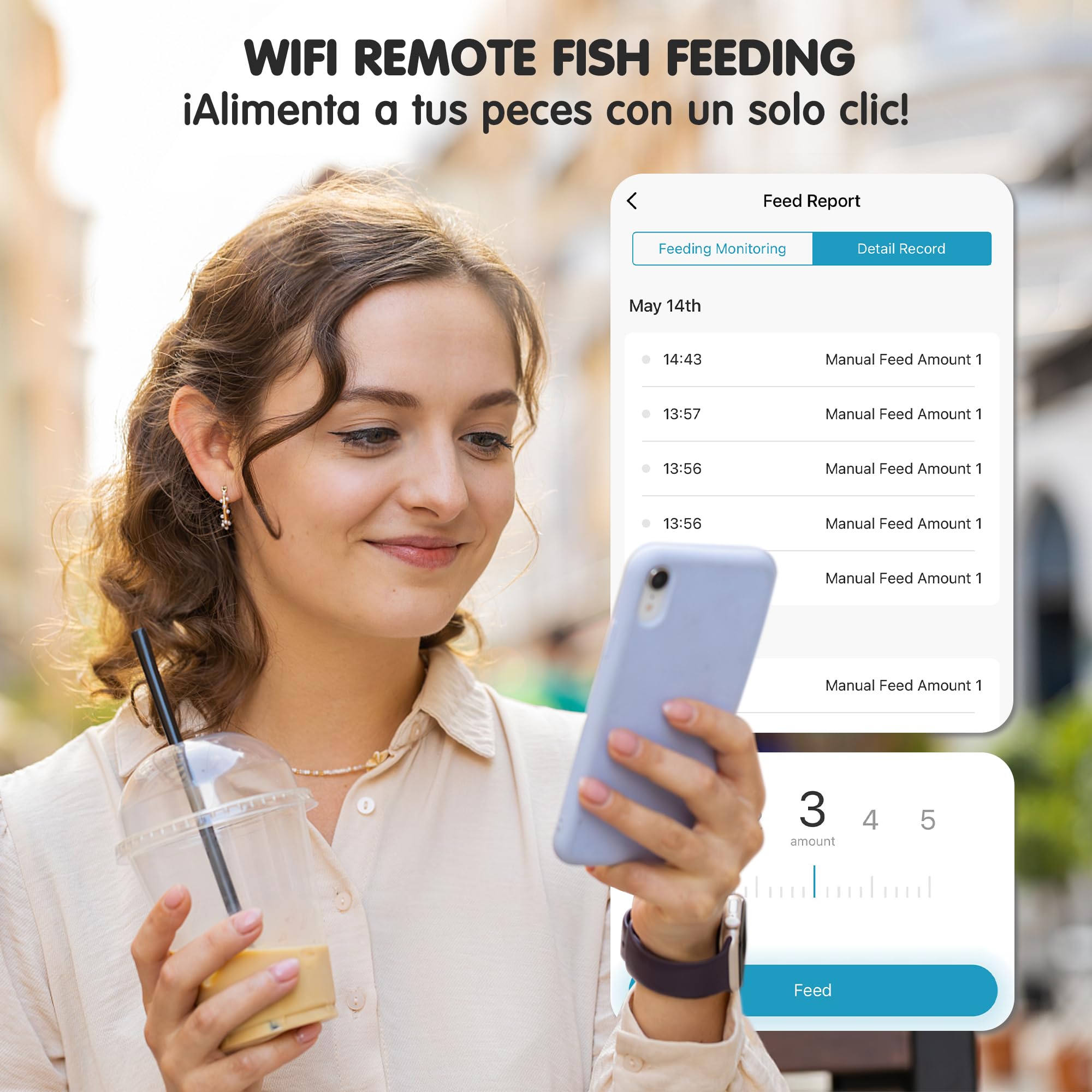 Ycozy WiFi Comedero Automatico Peces con Enchufe y Cable USB-C, Comedero Acuario Automatico por Enchufe Automático de Comida con Mando Distancia App y Pantalla LCD | Navi-BTS