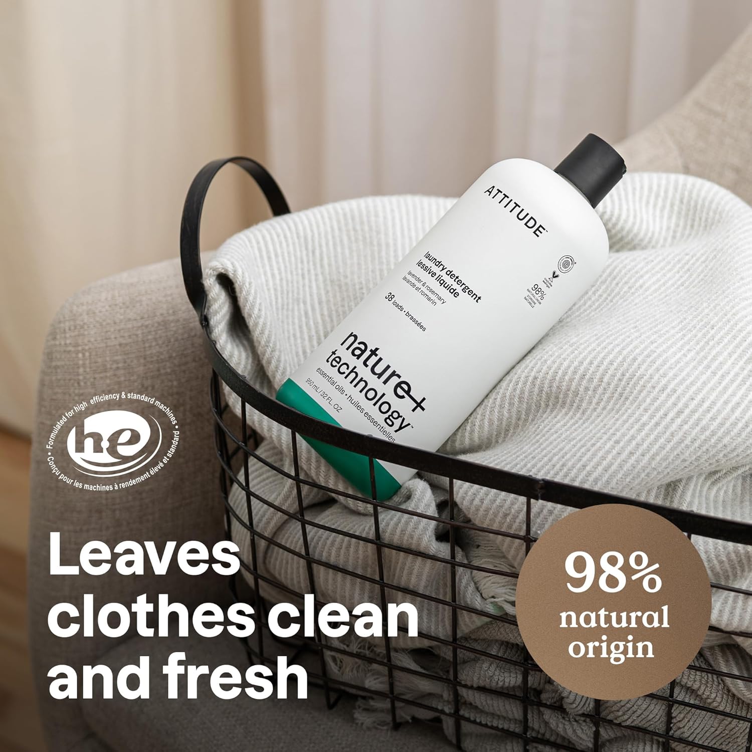 ATTITUDE Laundry Detergent Liquid, Natural Origin Ingredients, EWG Verified, High Efficiency (HE), Infused with Essential Oils, For White and Colored Clothing, Lavender & Rosemary, 38 Loads, 32 Fl Oz - Image 2