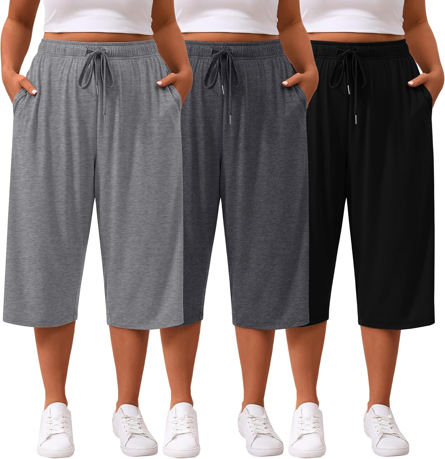 3 Pack Women's Plus Size Capris Loose Fit Wide Leg Yoga Cropped Pants Lounge Workout Sweatpant with Pockets