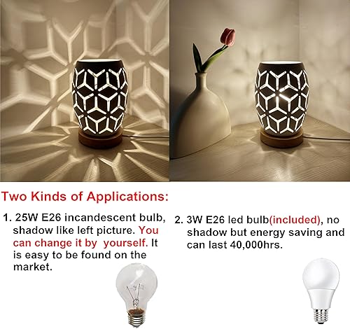 Miniatura 2 de AFORTLO Lámpara de escritorio, pequeña mesita de noche decorativa bohemia, luz de noche, base de madera, romántica lámpara de jaula de metal hueco