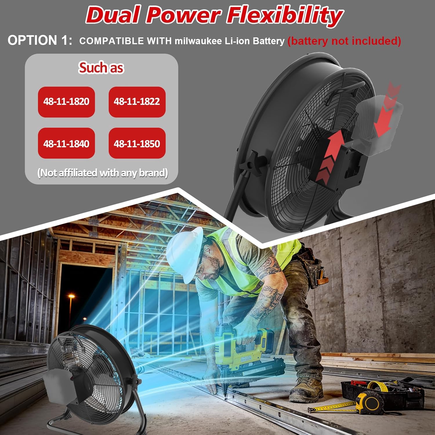 12" Cordless Jobsite Fan Compatible with Milwaukee M18 18V Batteries, Battery Powered Floor Fan with AC Adapter, 1500 CFM Strong Airflow, Adjustable Speed, Tilt Head, USB Output, IPX4 Tool Only