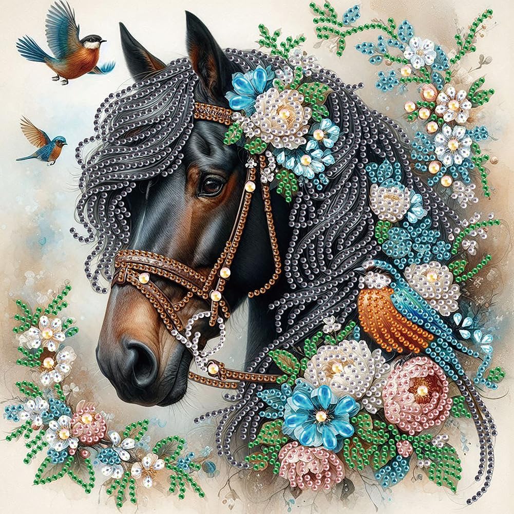 Stalente Diamond Painting Kits for Adults Horse and Birds, 5D Special Shape Diamond Art Kits for Beginners, Crystal Rhinestones Diamond Painting for Home Wall Decoration Gift 12×12inch, Animal