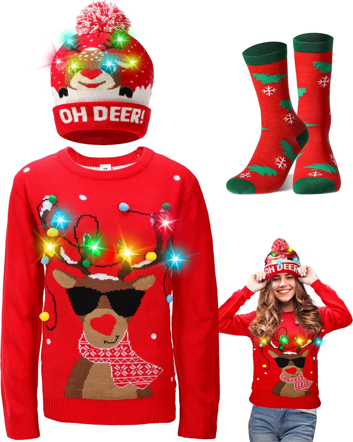 Liitrsh Ugly Christmas Sweater for Women Light up Reindeer 2025 with LED Knitted Xmas Pullover Hat Socks Couples Men Holiday