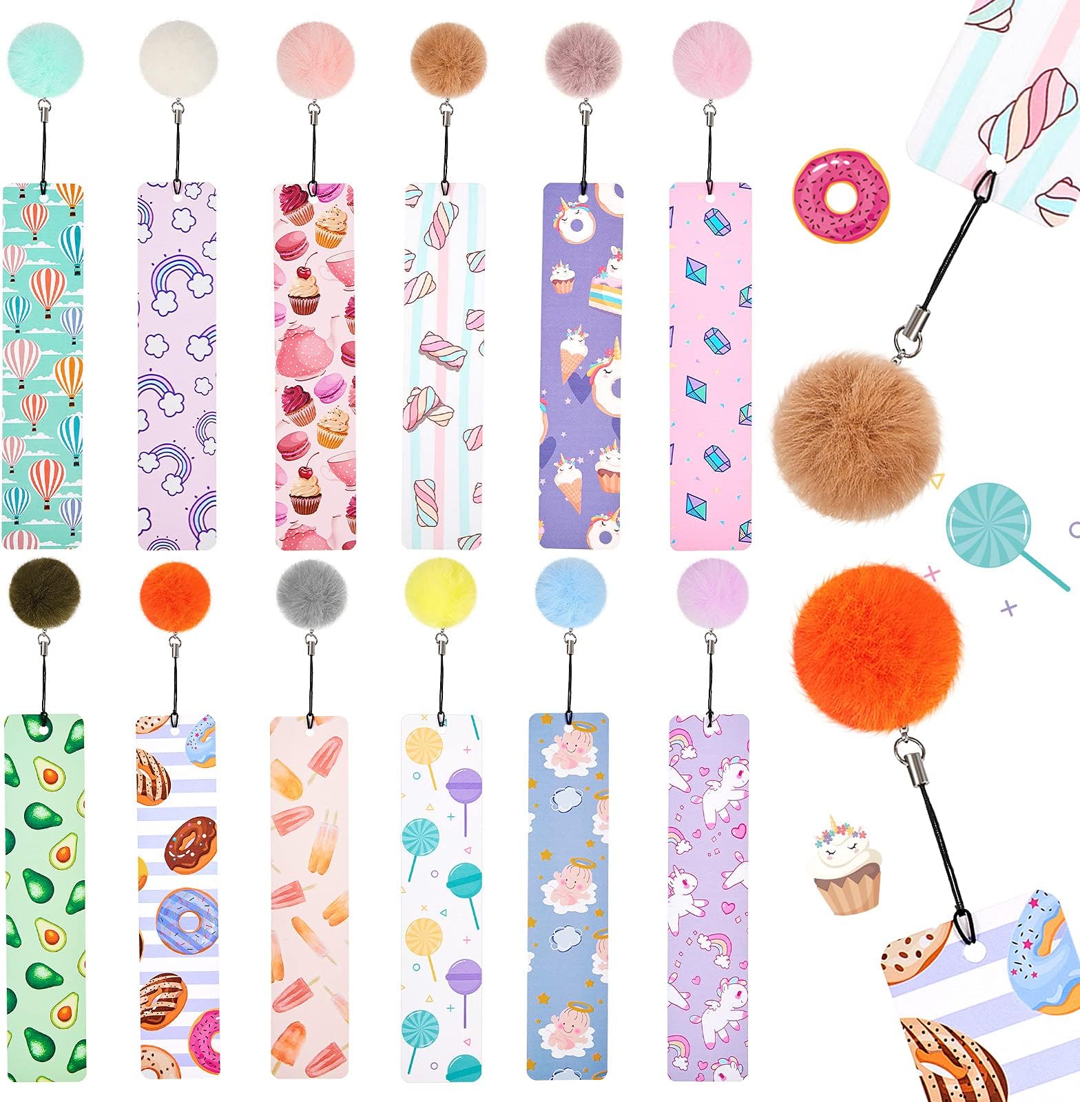 12 Pieces Kids Bookmarks, Cute Pom Pom Style for Girls, Women, Teens - Animal Designs, Rulers, Party Favors, School Classroom Reading Presents