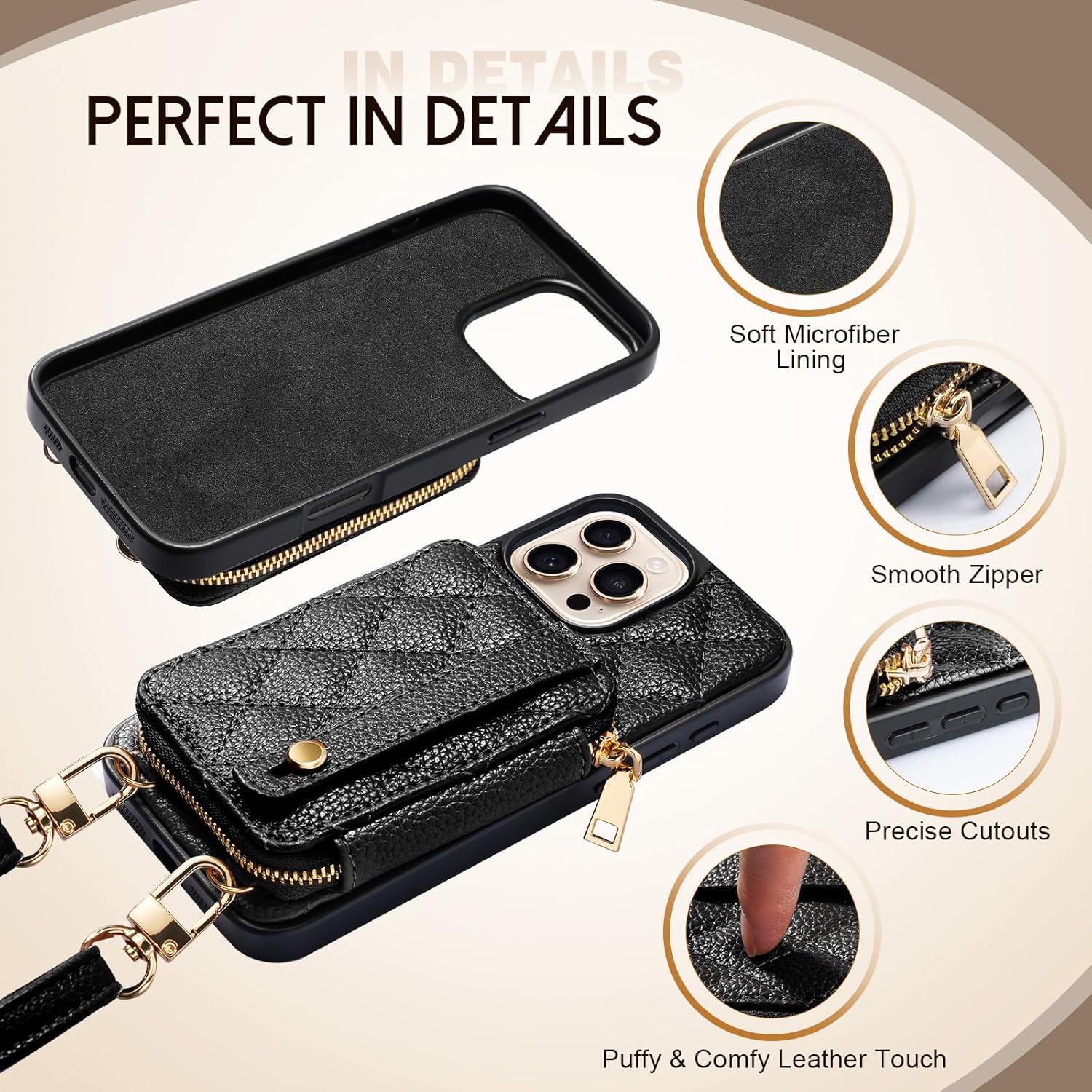TiMOVO for iPhone 16 Pro Max Wallet Case, Crossbody Phone Strap with Zipper Card Holder, RFID Blocking PU Leather Cover for Women, Adjustable Anti-Theft Wrist Strap for iPhone 16 Pro Max 6.9'', Black