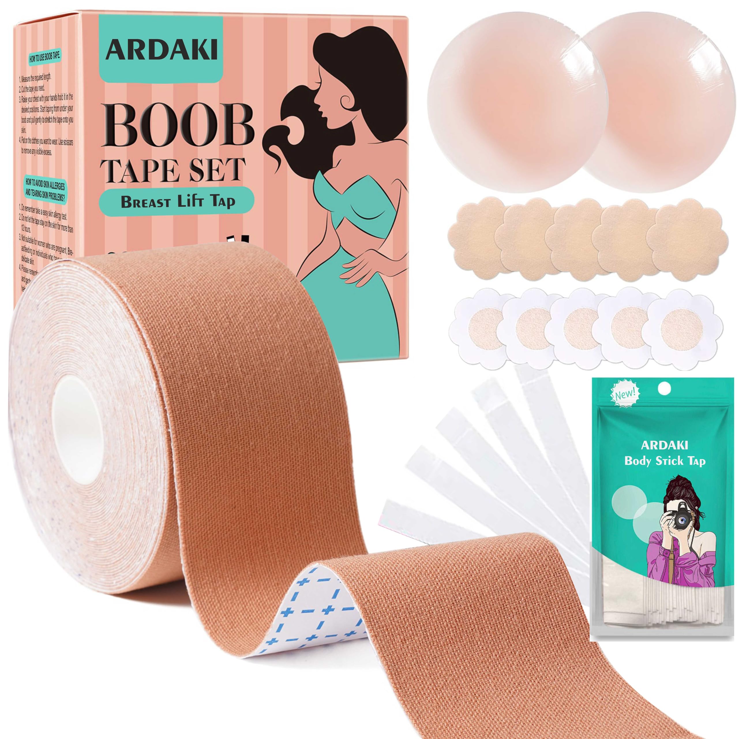 Boob Tape Kit-1 Boobstape Roll for Breast Lift | 10 Nipple Pasties | 36 Strips Double Sided Body Tape for Clothes | 1 Pair Reusable Nipple Cover for Women Clothing & Accessorie (BREAST TAP KIT)