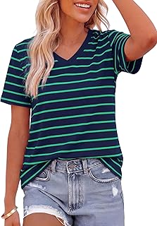 PRETTYGARDEN Short Sleeve Shirts for Women 2026 Spring V Neck Cute Tops Casual Striped Shirt Knitted Tees Summer Outfits