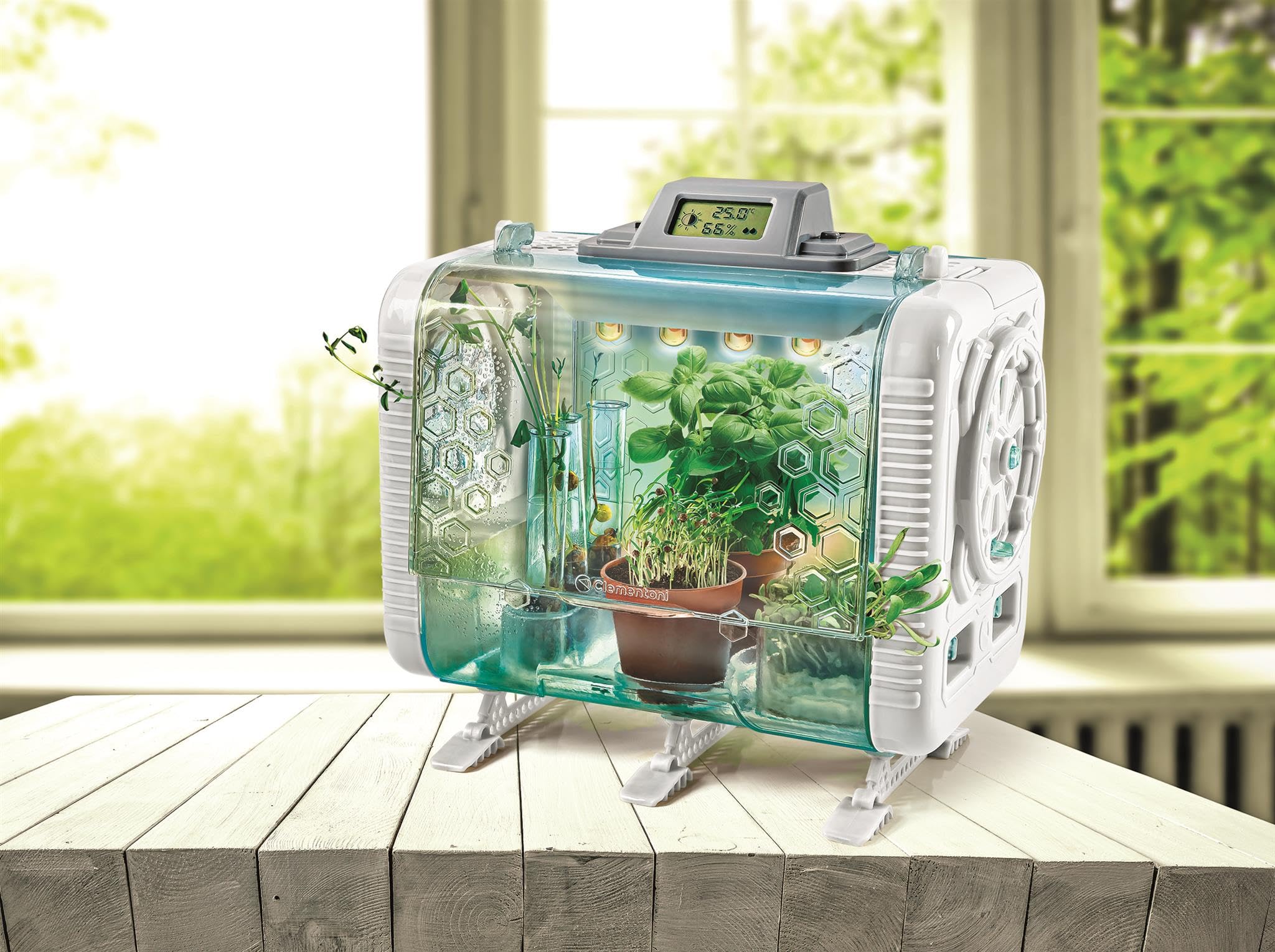 Clementoni Smart-Tech - Invernadero - Kit Interactivo de Ciencia de Plantas Stem con sensores, Pantalla LCD y Modos de Crecimiento para niños de 8 años en adelante