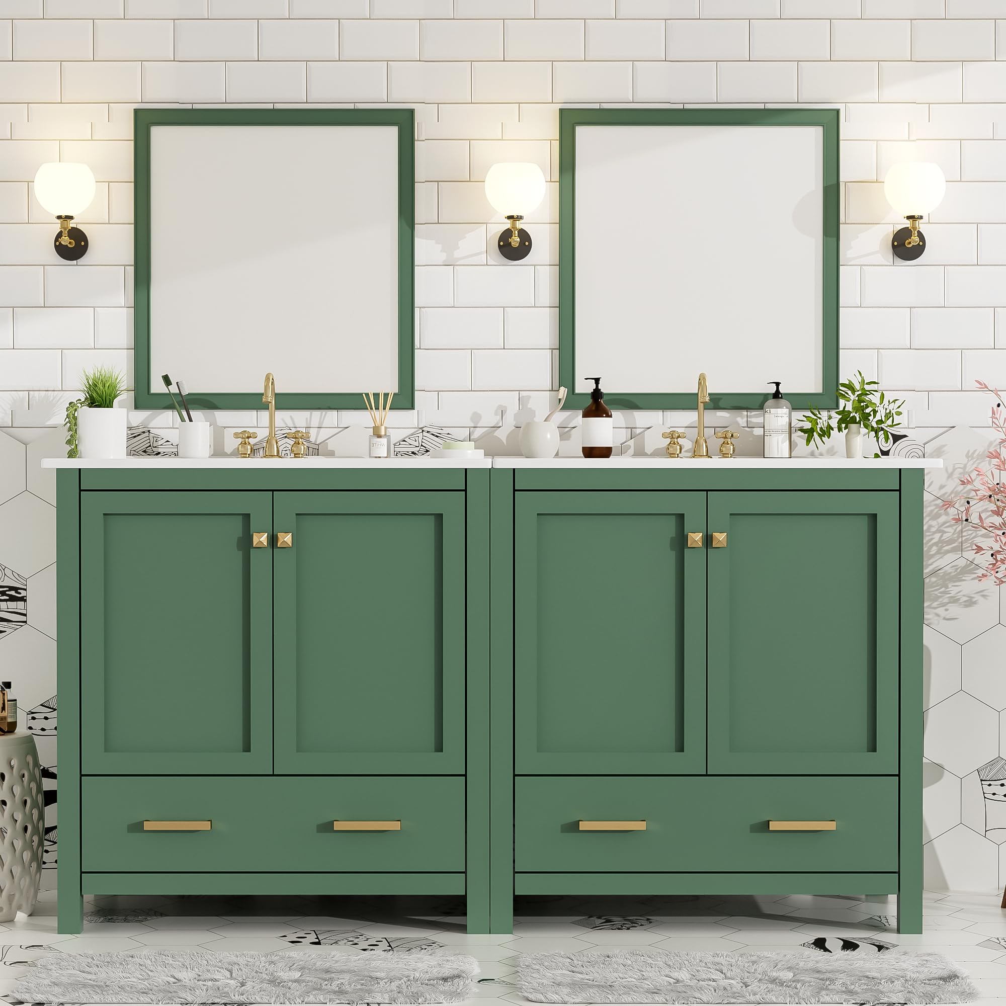 HiHomely 60 Inches Green Double Bathroom Vanity Set with Ceramic Sinks, Storage Shelf & Divided Drawers – Modern Bathroom Solution for Spacious Bathrooms (Mirror Not Included)