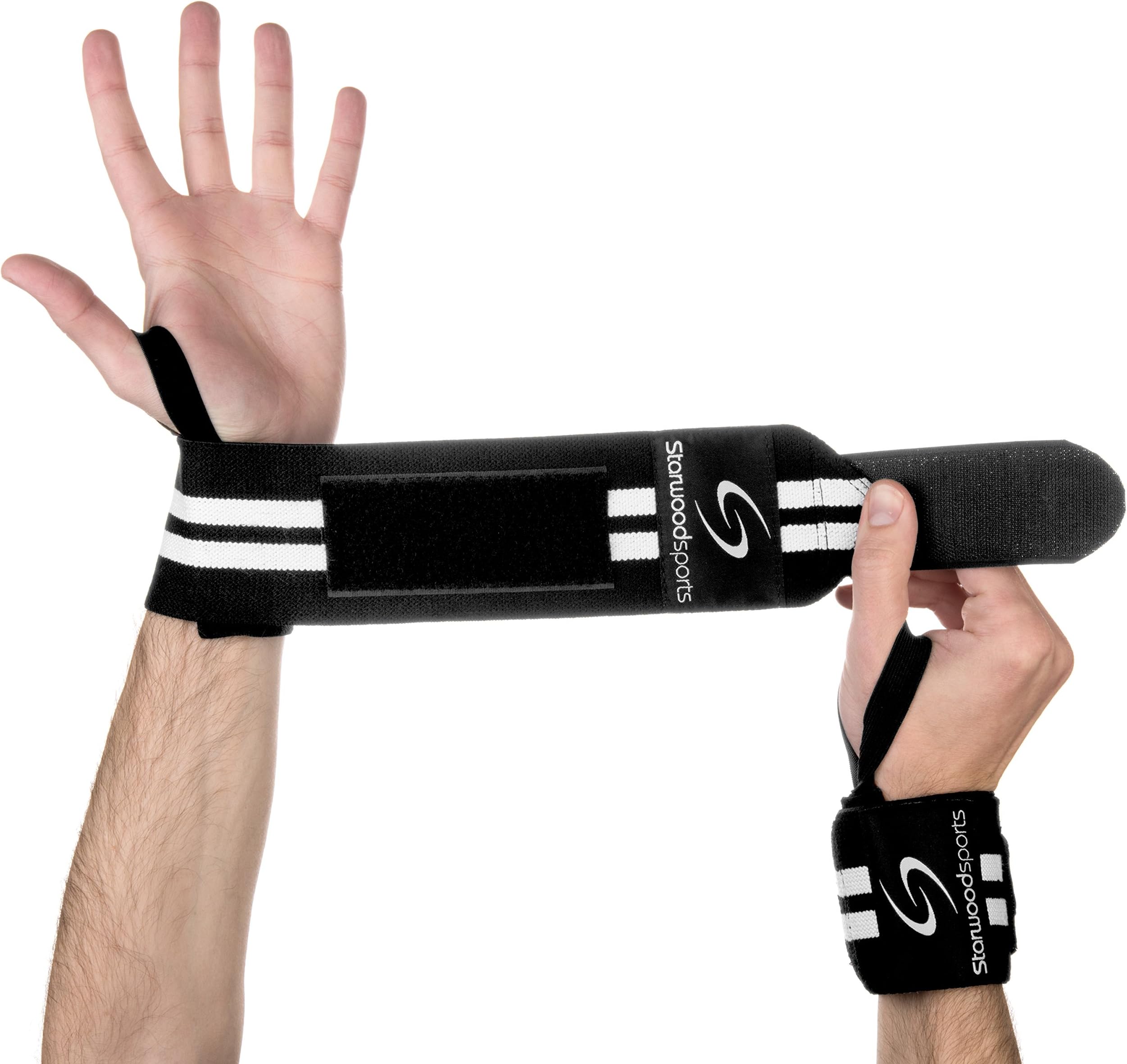 Wrist Wraps for Powerlifting – Weightlifting, Crossfit, Fitness Training – 18 Inches Long and 3 Inches Wide – Suitable for Men and Women (Sold as a Pair) (Black with White)