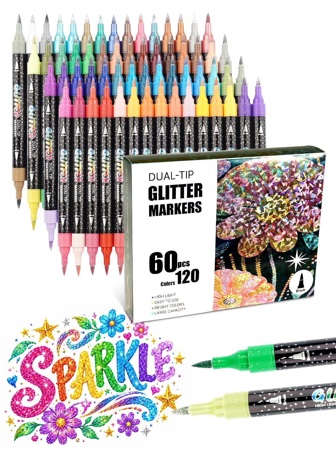AEDAGA 60 Pack Glitzerstifte Doppelspitze, 120 Farben Glitzer Filzstifte