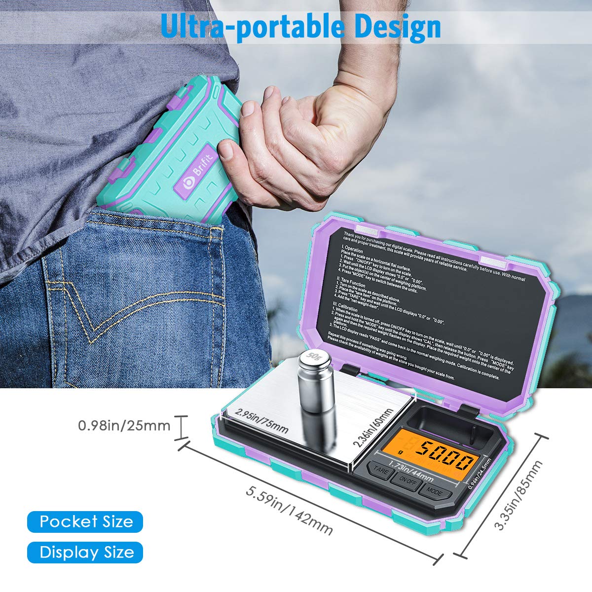 Brifit Mini balance numérique 200 g/0,01 g, poids d'étalonnage de 50 g, balance électronique intelligente, écran LCD rétroéclairé, 6 unités, arrêt automatique, tare, acier inoxydable - M