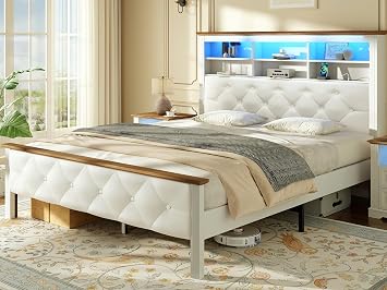RALGEND Farmhouse Queen Bed Frame with 51" Tall Headboard, Upholstered Queen Size Bed Frame with Storage, Charging Station and LED Light, Heavy Duty Wooden Slats, No Box Spring Needed,White and Walnut