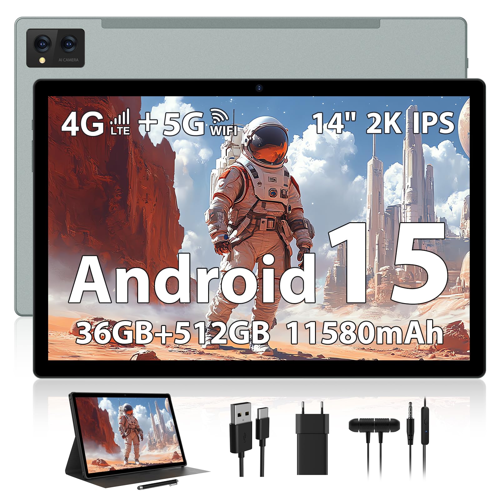 14 Pouces Tablette Android 15, Tablette Tactile 5G WiFi et 4G LTE, 36GB RAM + 512GB ROM(1TB TF), Octa-Core/2000 * 1200FHD 2K/BT5.0/13MP+8MP/11580mAh/GPS/GMS avec étui et Stylet, Gris