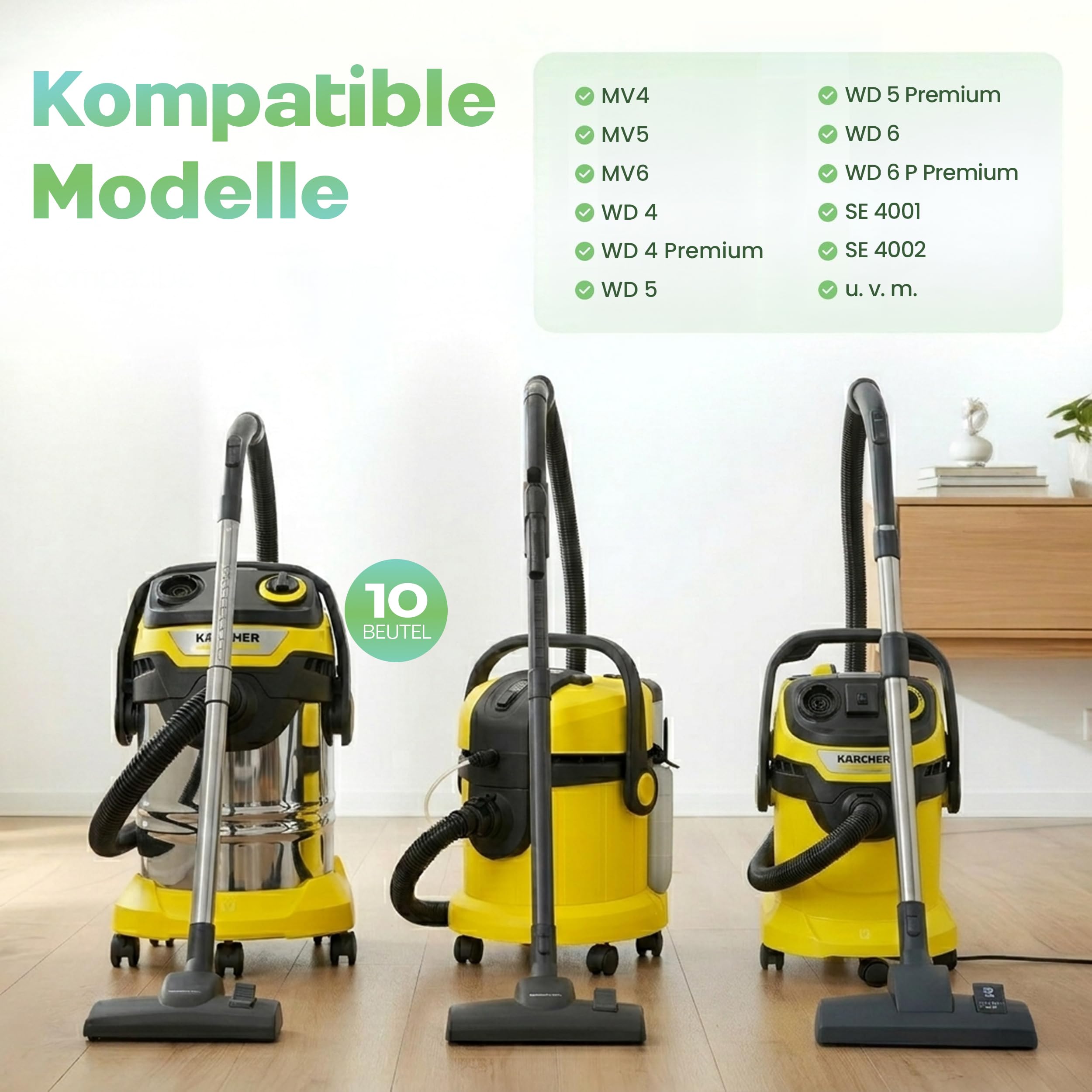 10 bolsas para aspiradora Kärcher KFI 487, 2.863-006.0, Serie Kärcher MV4, MV5, MV6, WD4, WD5, WD6, húmedo y seco