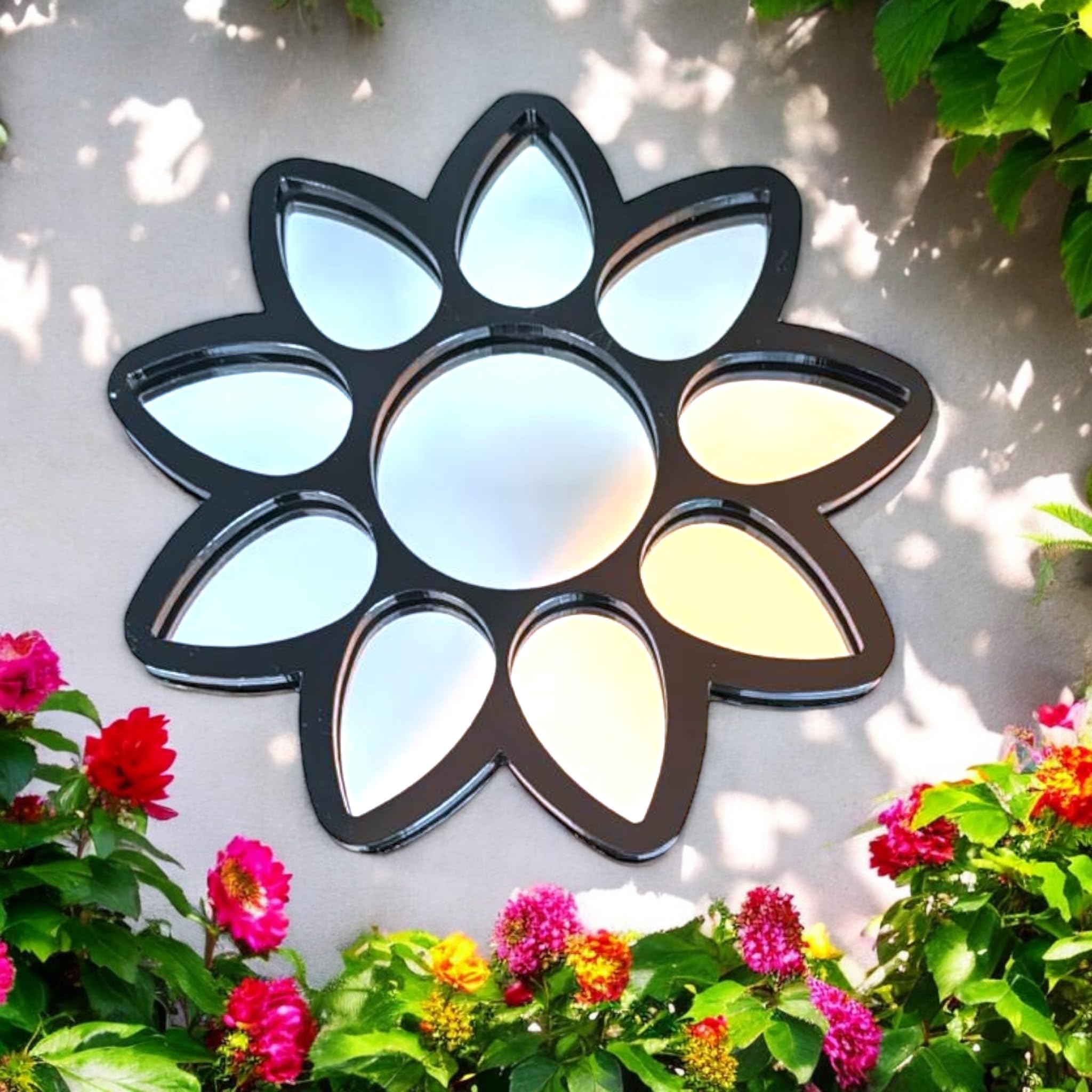 Miroir de jardin décoratif en forme de fleur, 38 cm, mur extérieur encadré