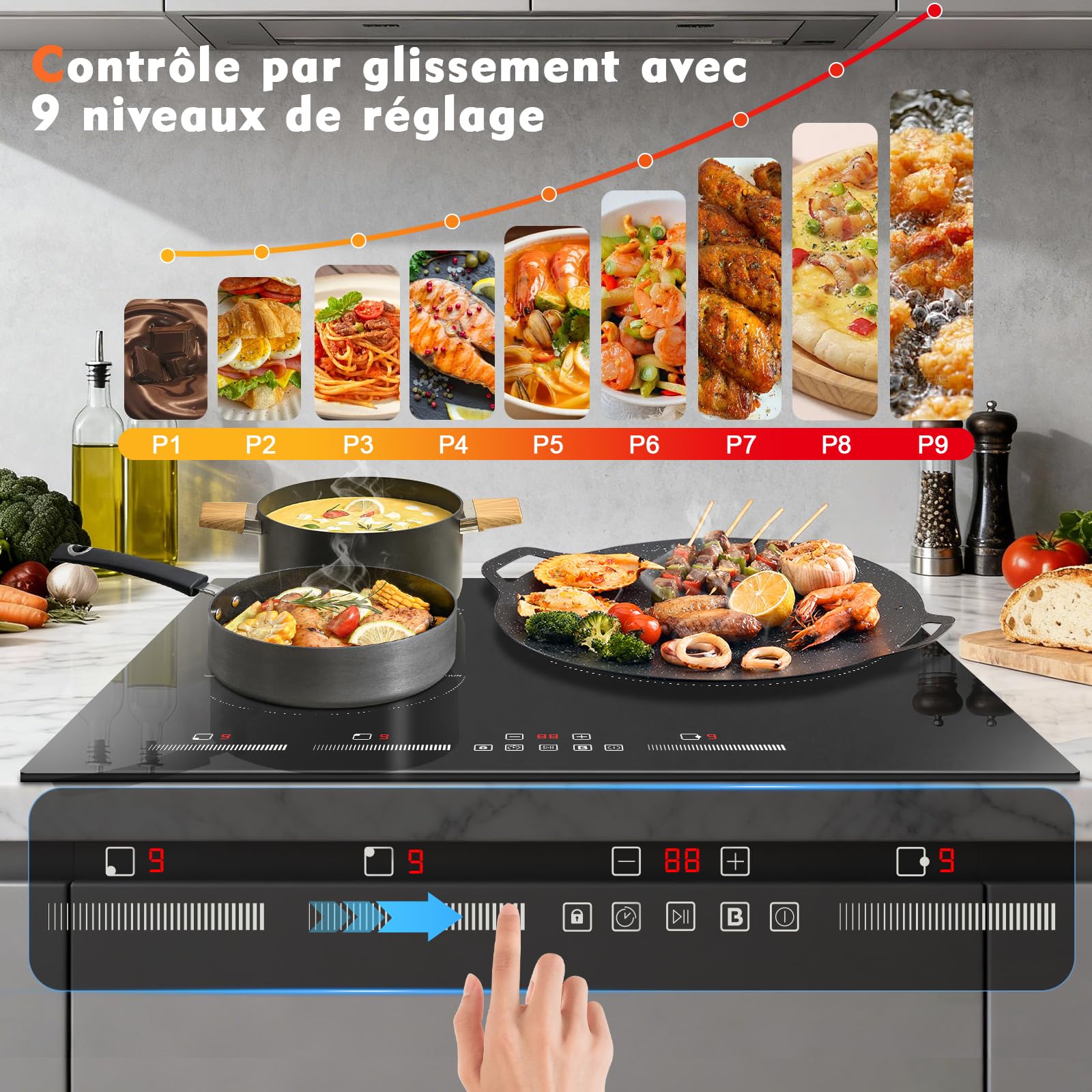Plaque à Induction 3 Feux, Table de Cuisson Induction Encastrable 60CM, Fonction Boost, Minuterie, Fonction Pause, Verrouillage de Sécurité, Commande Slider Touch, 6500W, 220V - 4