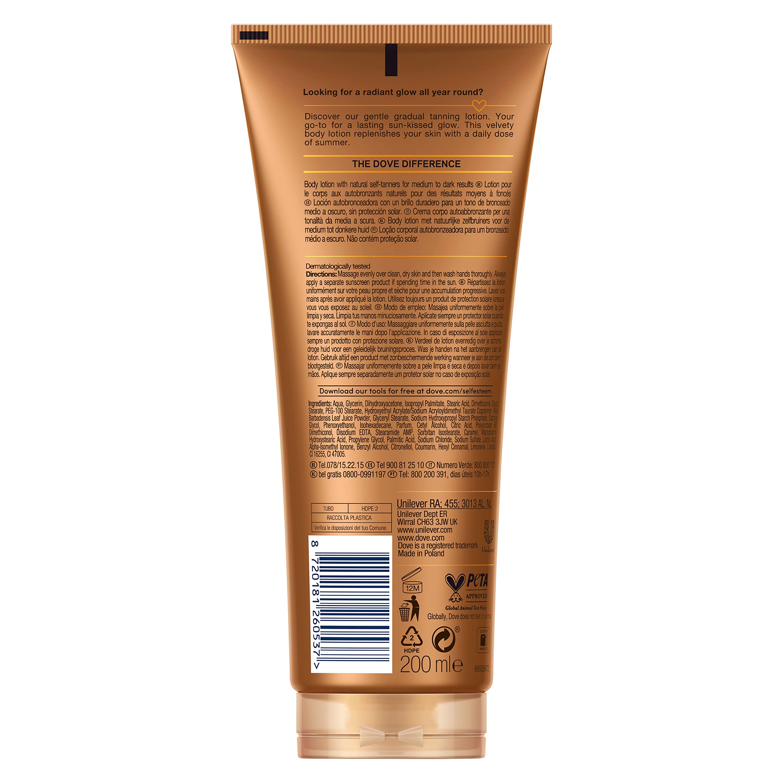 Dove Crema Hidratante Corporal Autobronceadora para Piel de Tono Medio a Oscuro 200ml - Pack de 6