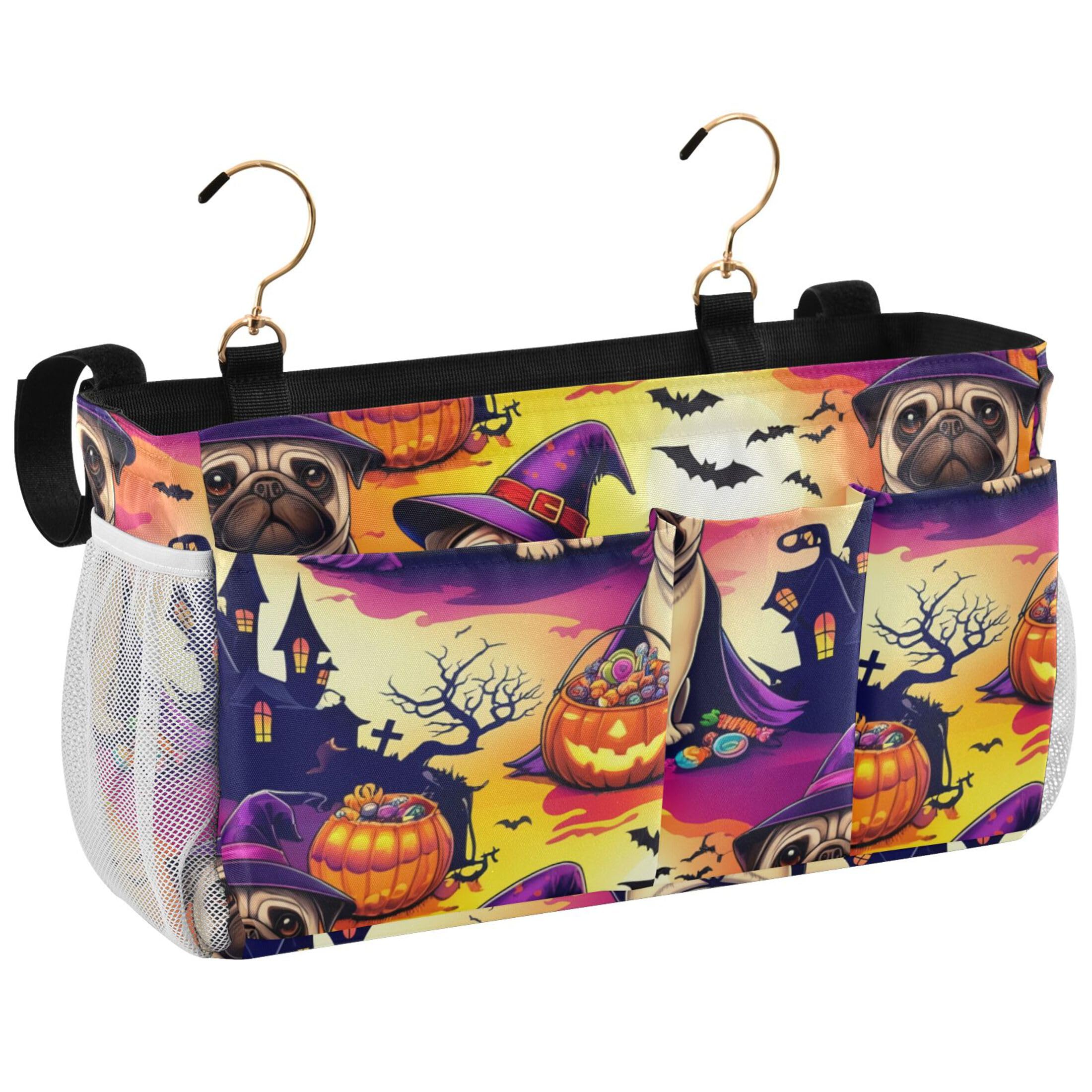 Burbuja Cute Dog in Witch Costume Bedside Caddy Hanging Storage Organizer with 2 Straps and Hooks for Home College Dorm Bunk Bed Hospital Bed Crib