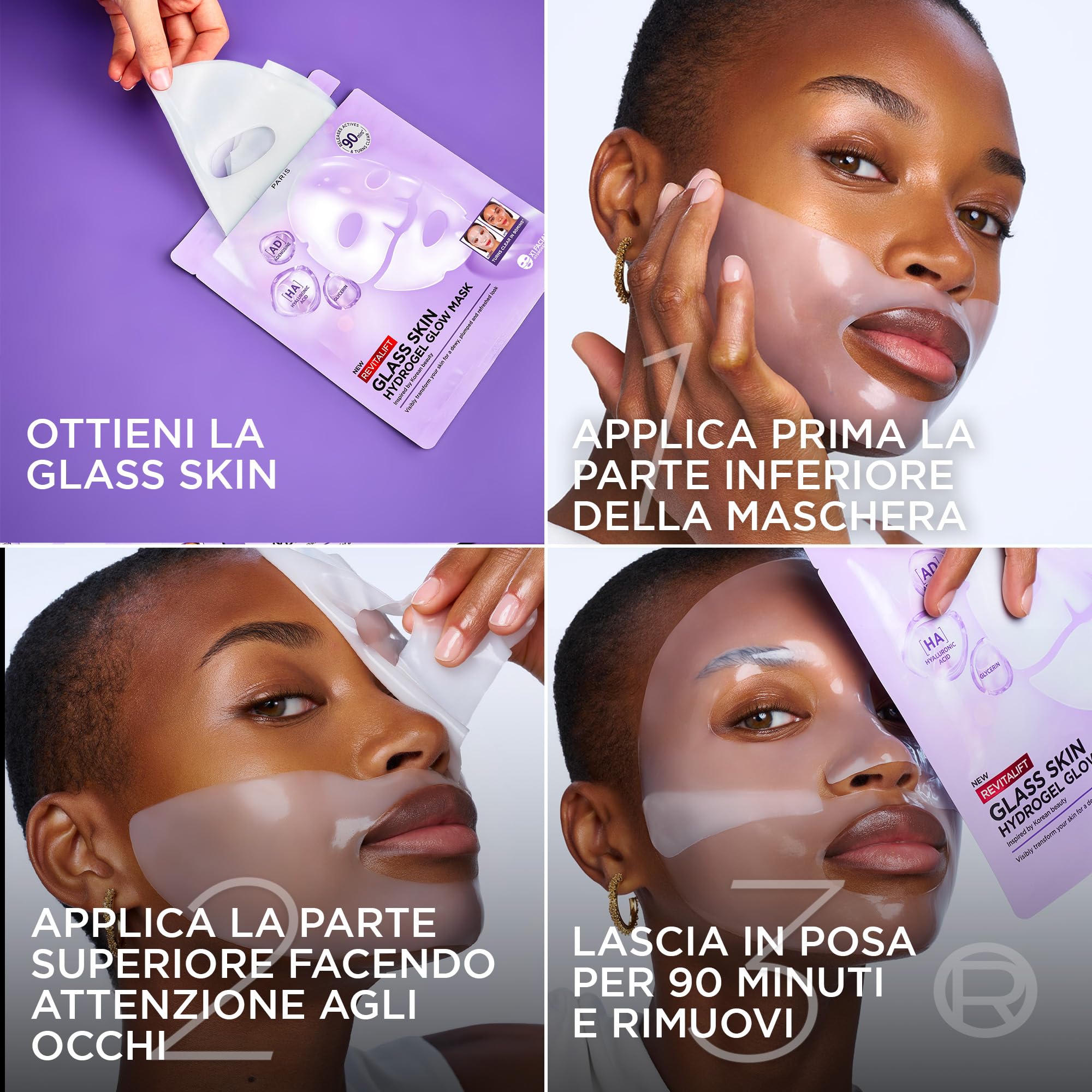 L'Oréal Paris Glass Skin Maschera in Idrogel, Per Tutti i Tipi di Pelle, Pelle Luminosa e Radiosa, Risultati Istantanei, Trend Coreana, Con Acido Ialuronico e Centella Asiatica, Revitalift, 1x37gr