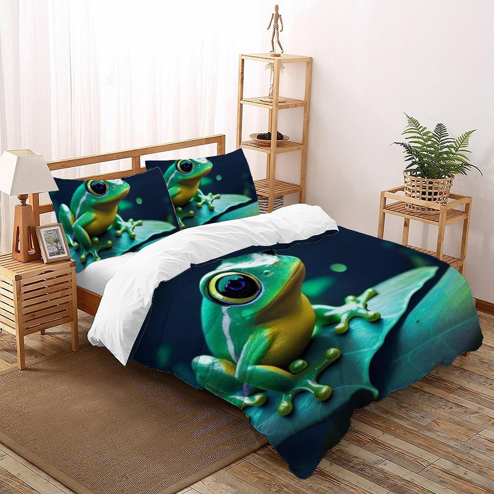 Parure de couette grenouille verte hypoallergénique lit double 200x200 linge de lit respirant