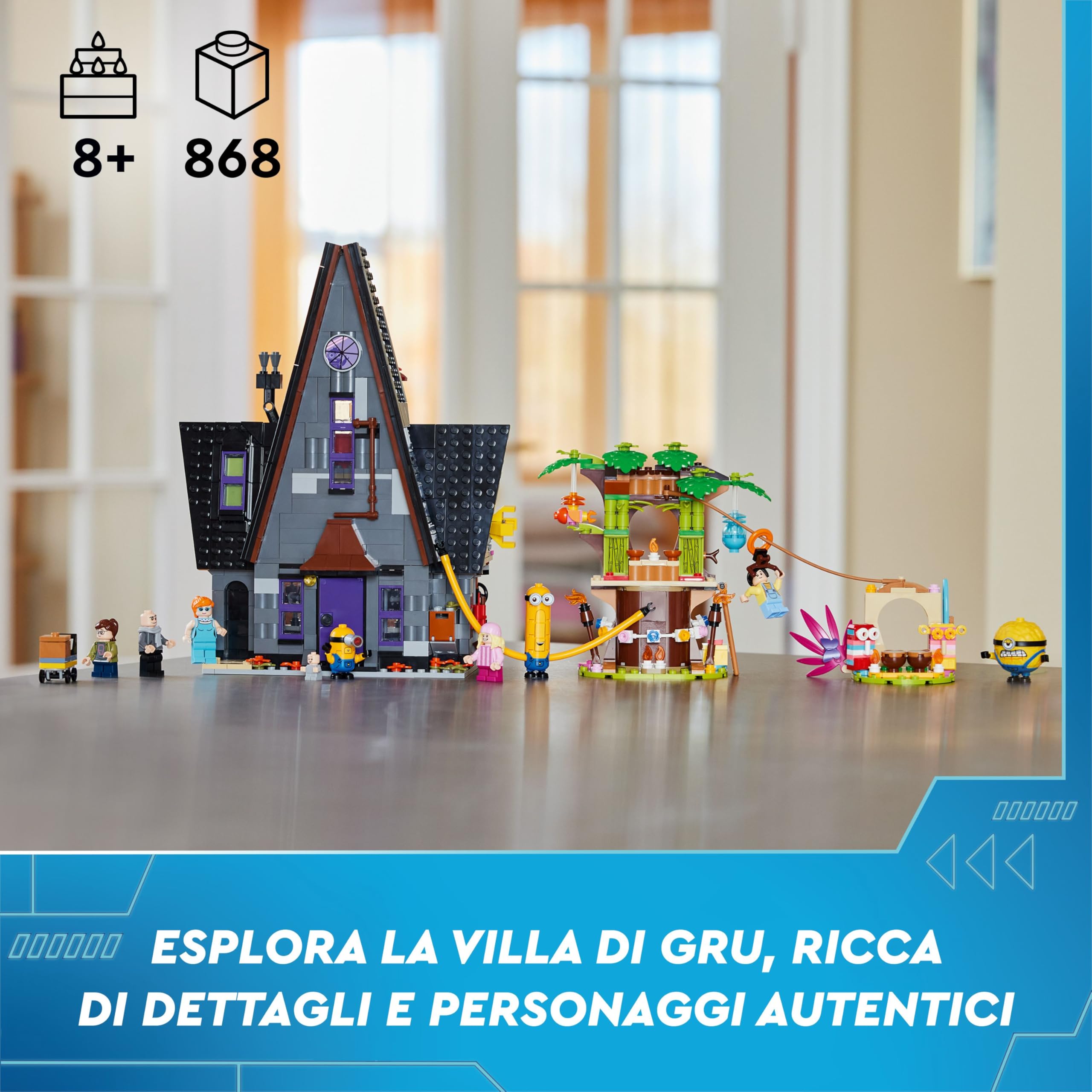 LEGO Cattivissimo Me I Minions e la Villa della Famiglia di Gru, Set dal Film della Illumination con Casa Giocattolo e Casetta sull'Albero da Costruire, Giochi per Bambini e Bambine da 8 Anni 75583