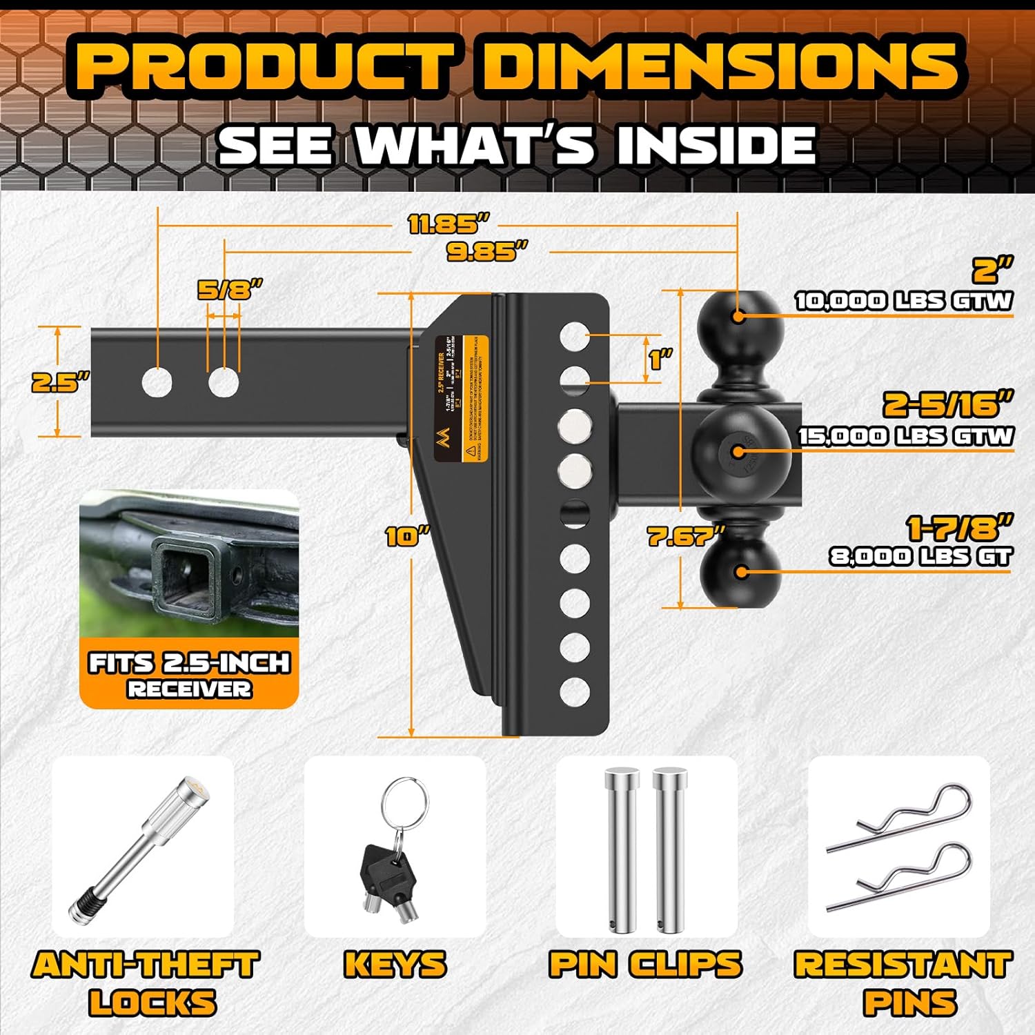 Adjustable Trailer Hitch -Drop Hitch -Tri Ball Mount w/Hook (1-7/8'', 2''&2-5/16''), Fits 2.5-Inch Receiver, 8'' Drop/Rise 15,000 LBS GTW Tow Hitch, 3 Ball Hitches for Trucks, RV, Camper etc