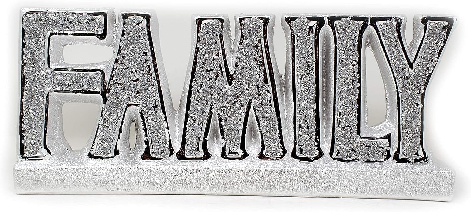 JAYOGLA Diamante Figurine Ornament, Silver Crushed Diamond, Living Room, Dining Room, Entryway, Bedroom, Wedding, Office Decoration (26cm, Family Letters)