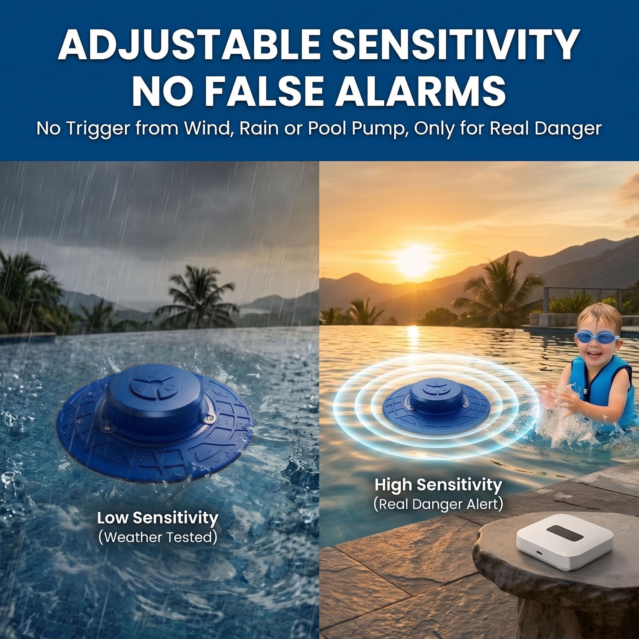 Alarme de piscine flottante avec récepteur intérieur, 85 dB ultra fort détecteur de mouvement pour piscines creusées et hors sol – Sensibilité réglable pour la sécurité des enfants et des animaux