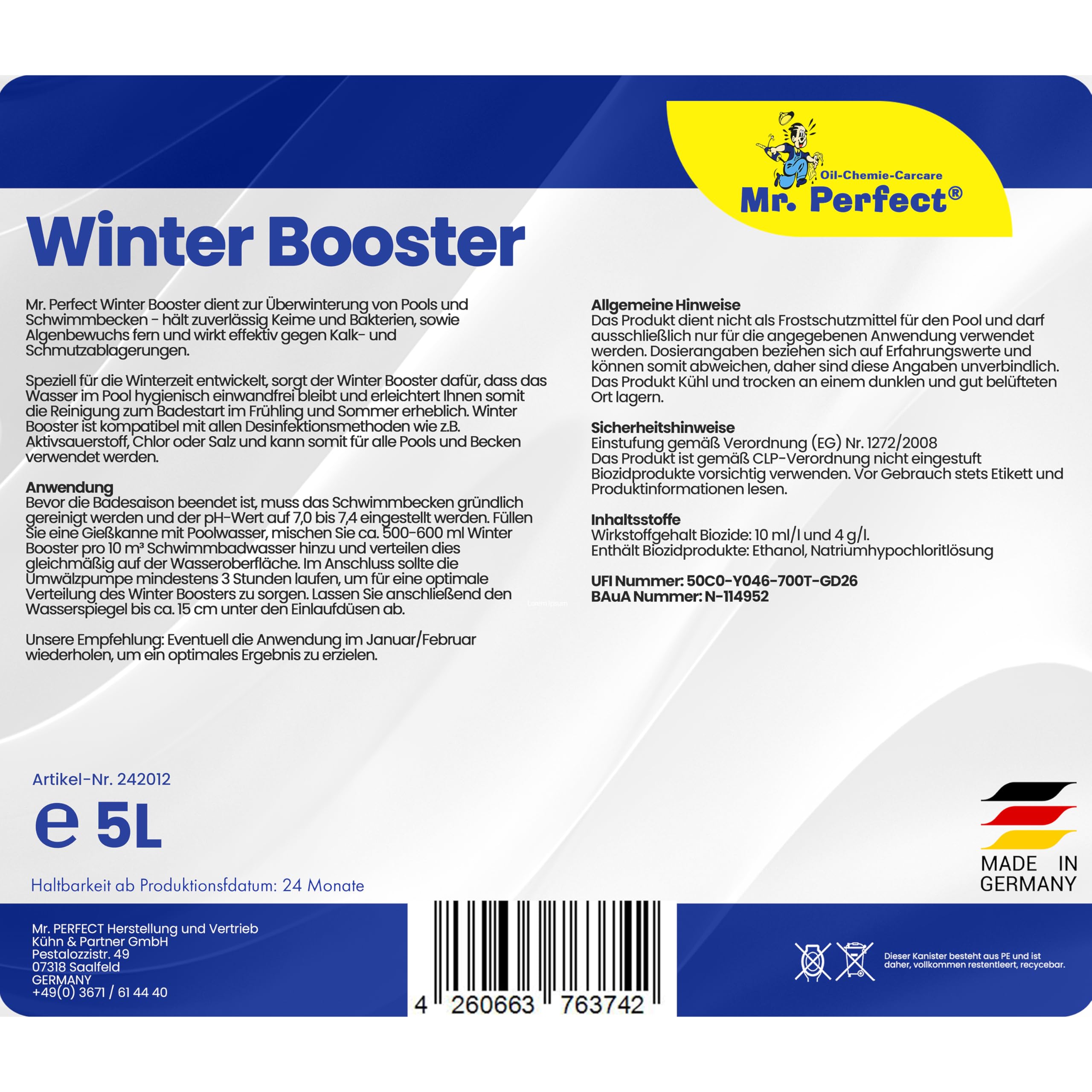 Mr. Perfect® - Effektiver Winter Booster 5L | Pool Wintermittel | Winterschutzmittel für Pools | Wintermittel für Pool | Pool Überwinterungsmittel Algizid | Einfache Winter Poolpflege