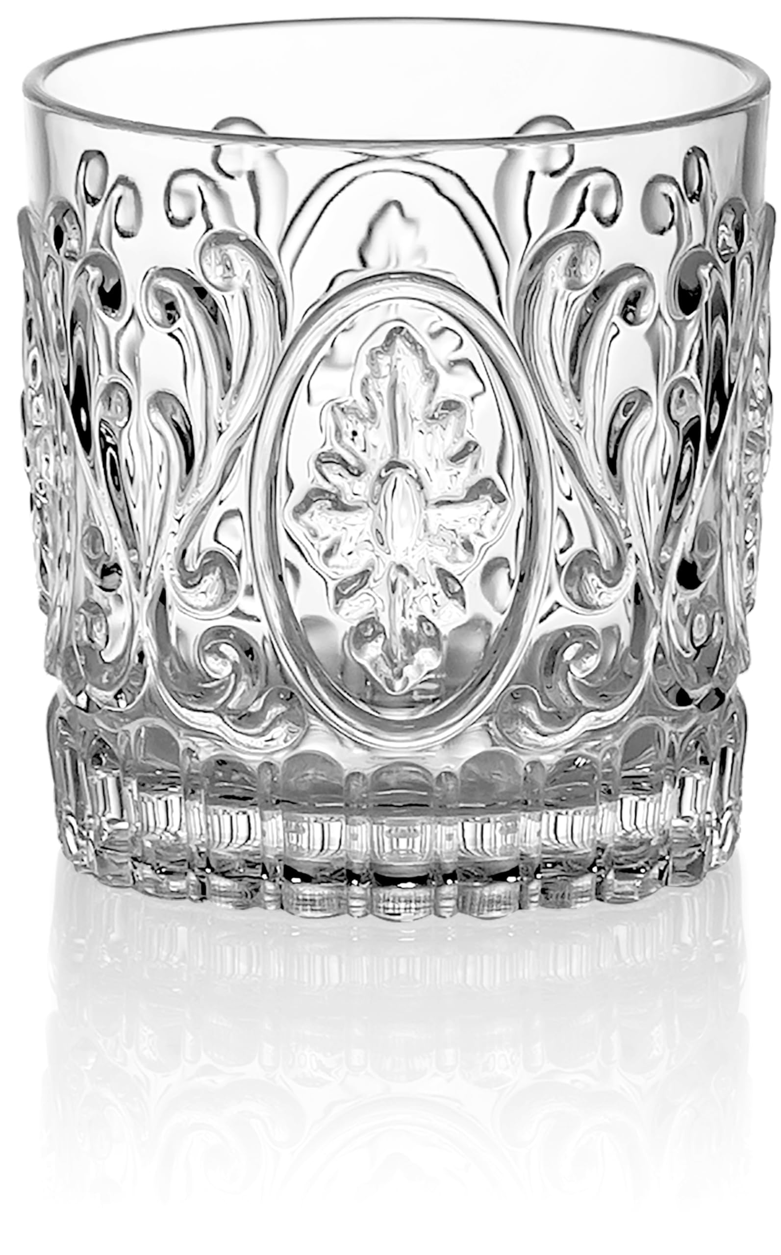 Red Co.Set of 4 Unbreakable Reusable Plastic Vintage Embossed 14 Fl Oz Lowball Tumblers, Clear