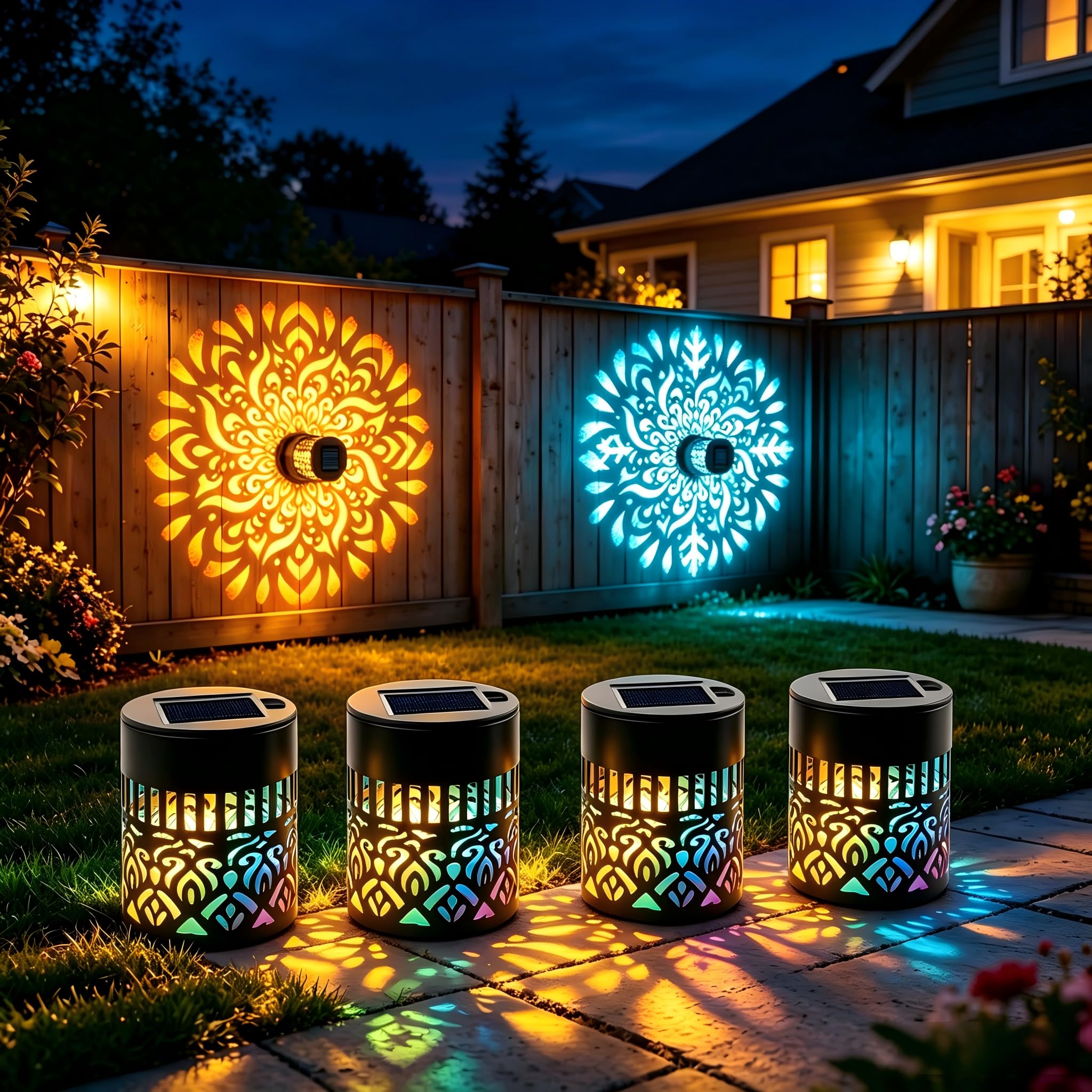 4PCS Solar Mandala Wall Lights, Waterproof Metal Outdoor Projection Lamp
