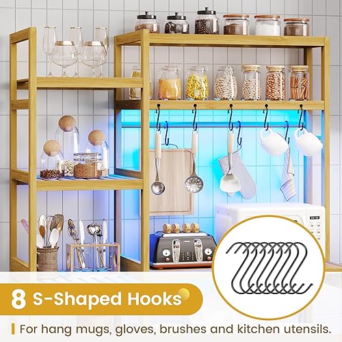 Miniatura 5 de FORABAMB Estante para panaderos con toma de corriente, barra de café, estantes de cocina de 10 niveles con 8 ganchos, soporte para microondas,