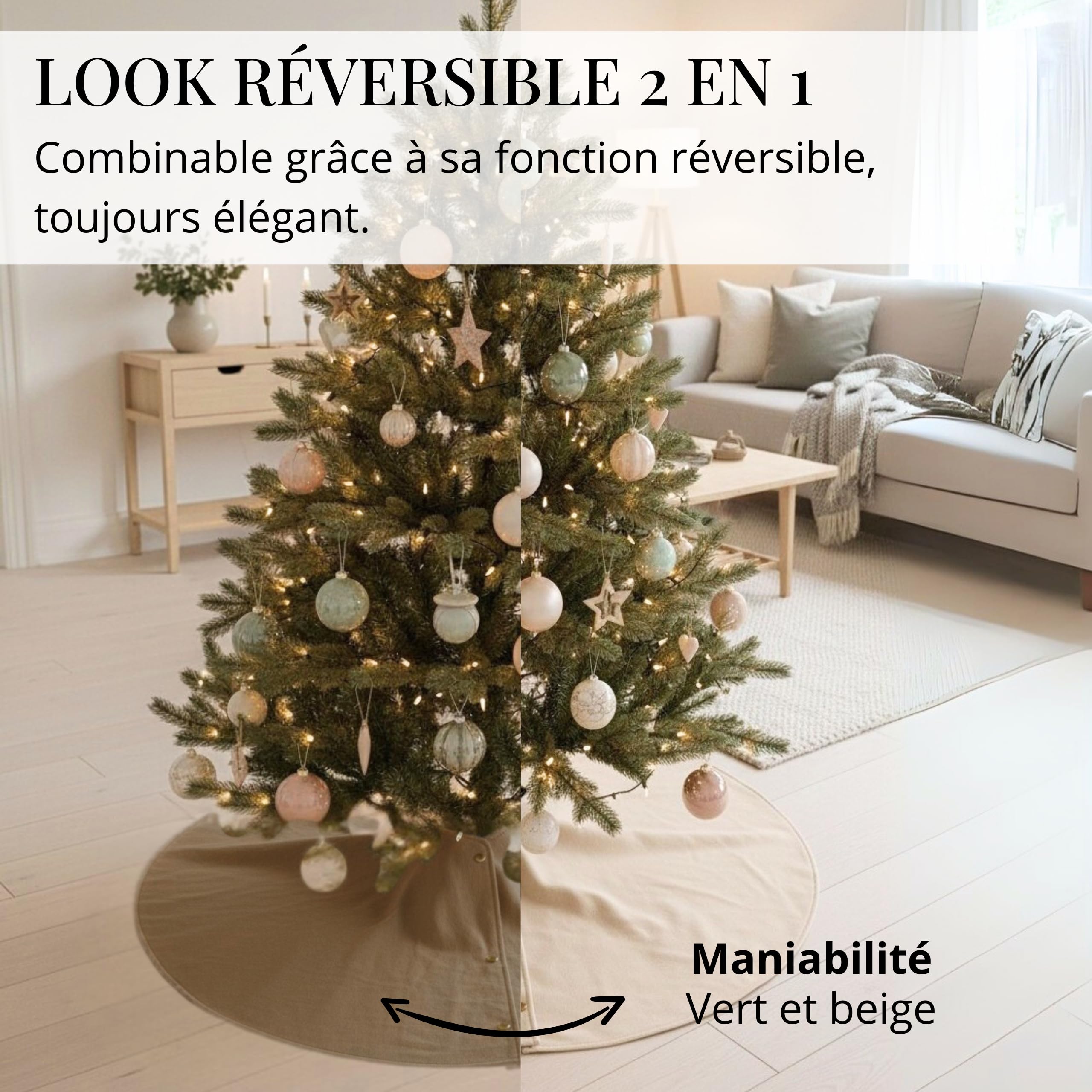 LIVLIG Jupe de Sapin Ø120 cm en Coton Beige/Brun – Tapis Rond réversible 2-en-1 avec Bord doré, Base décorative pour Pied de Sapin de Noël