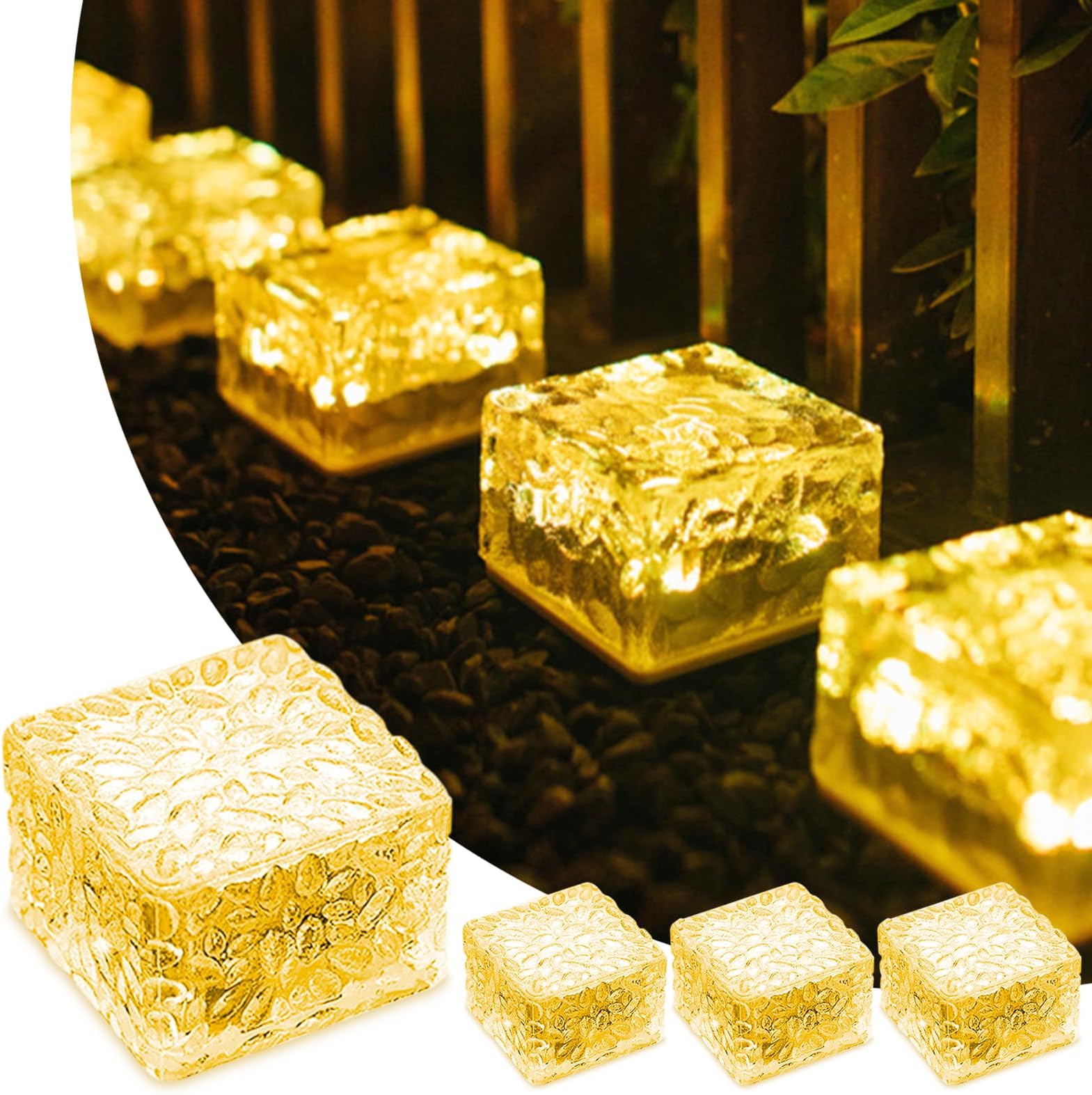 4PCS Warmwhite Light Solar Light PVC Brick, Solar Brick Light On/Off Solar Ponds Lights Outdoor Garden Ornaments for Lawn Path Step Stone Deck Ground Pond, 7x7x5cm