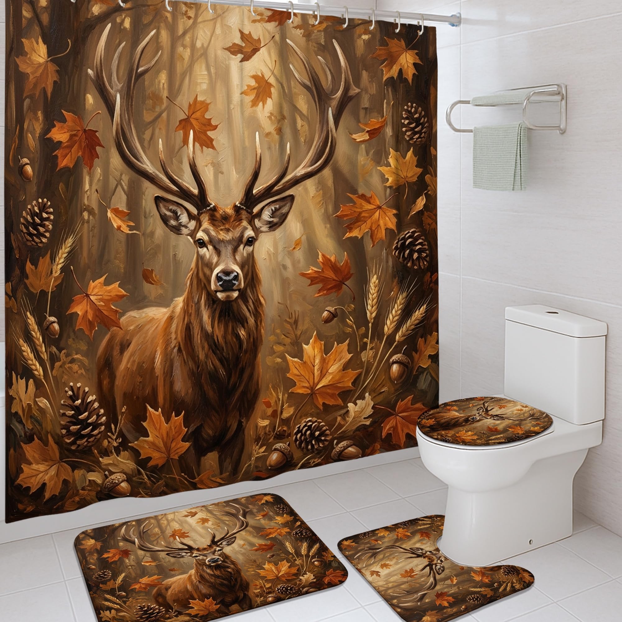 Rideau de douche lavable avec crochets et tapis de bain cerf et pin