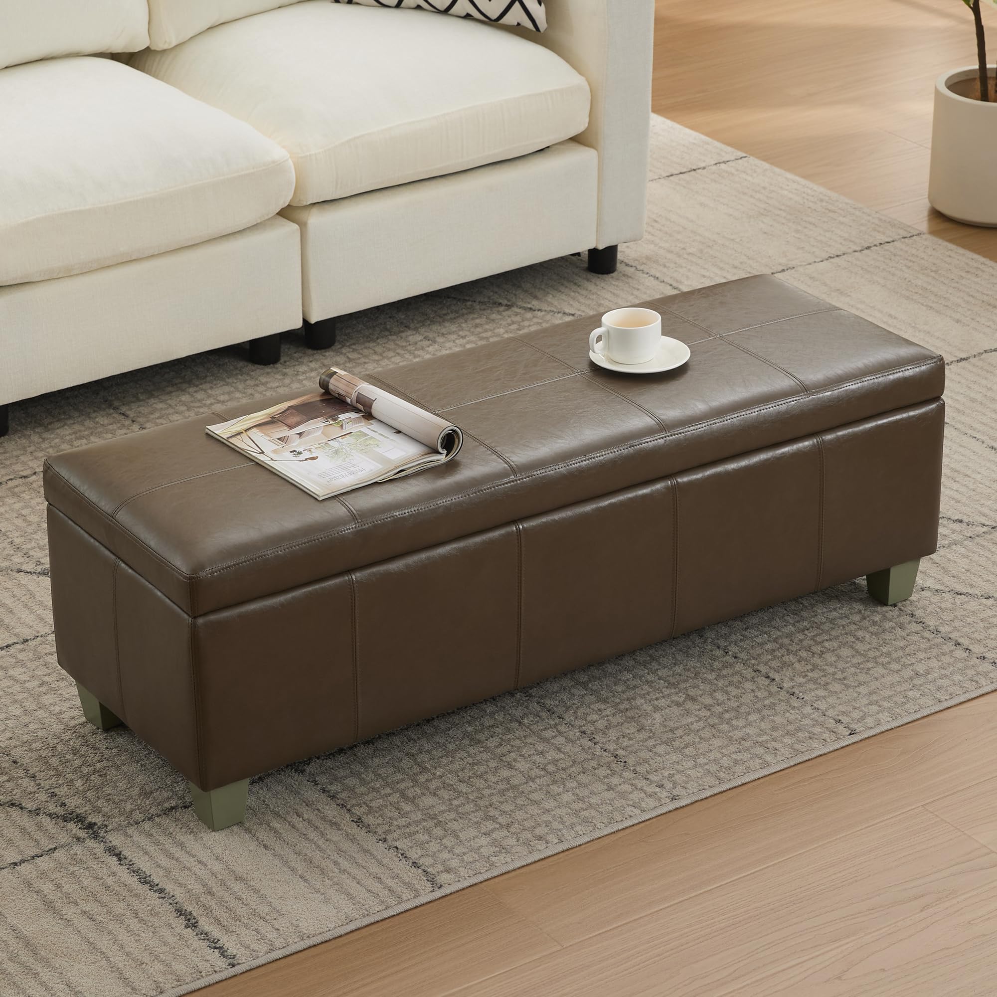 WUTUTUEE 51" Faux Leather Storage Ottoman, Stitch Tufted Rectangle Upholstered End of Bed Storage Bench, Entryway Large Couch Ottoman with Wooden Legs, Coffee