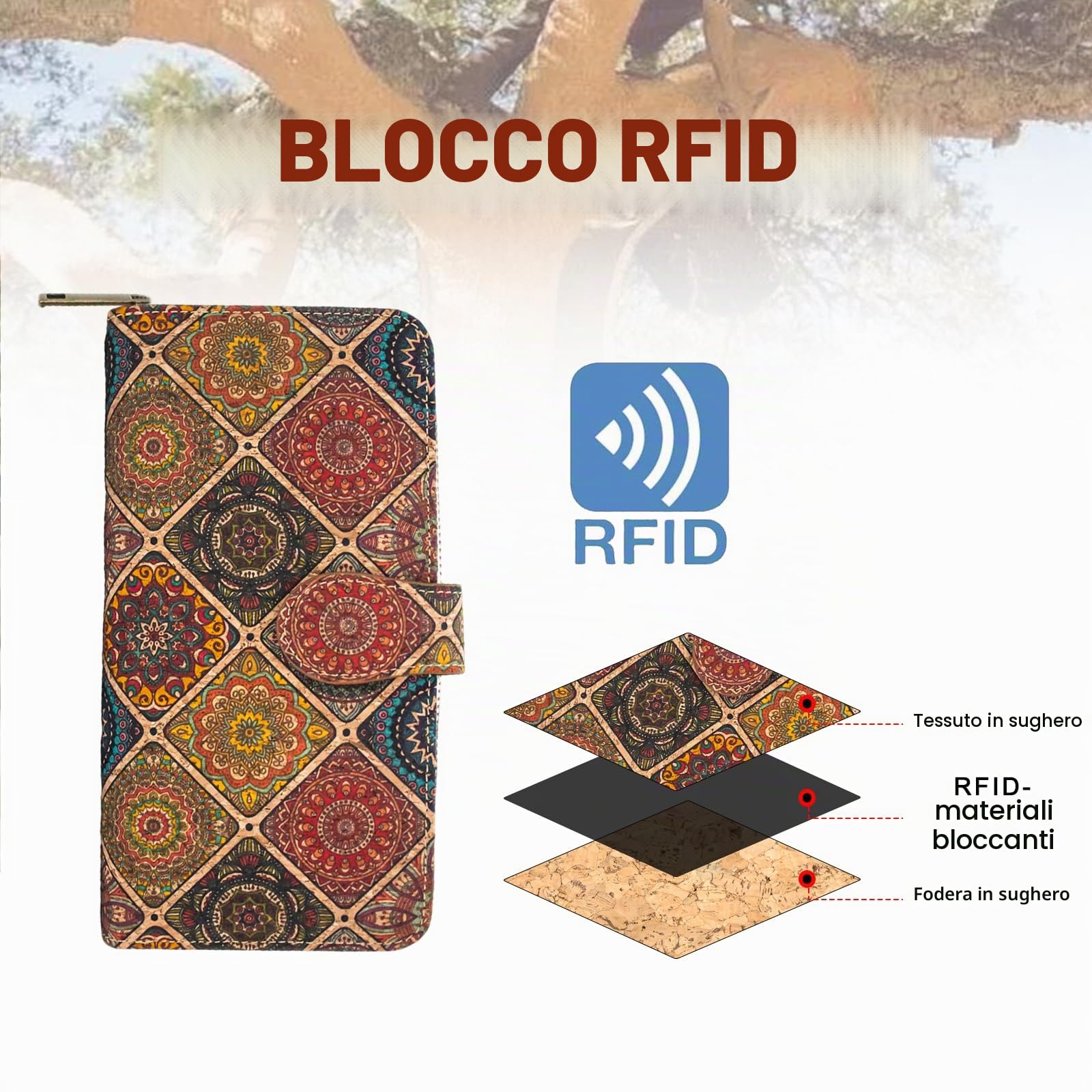 boshiho Portafoglio da donna in sughero, vegano, grande portafoglio da donna in sughero, con chiusura lampo, protezione RFID, regalo vegano, Cork-b, L, Classico