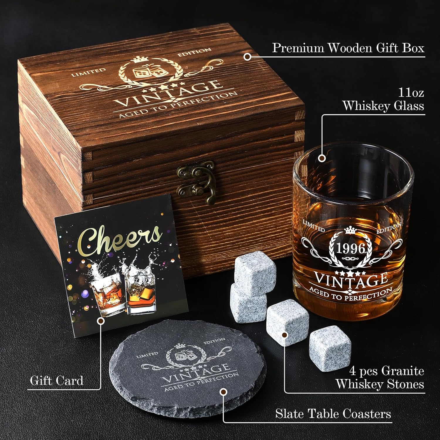 30th Birthday Gifts for Men Whiskey Glass Set - 30th Birthday Decorations, Party Supplies - 30 Year Anniversary, Bday Gifts Ideas for Him, Dad, Husband, Friends - Wood Box & Whiskey Stones & Coaster - Image 3