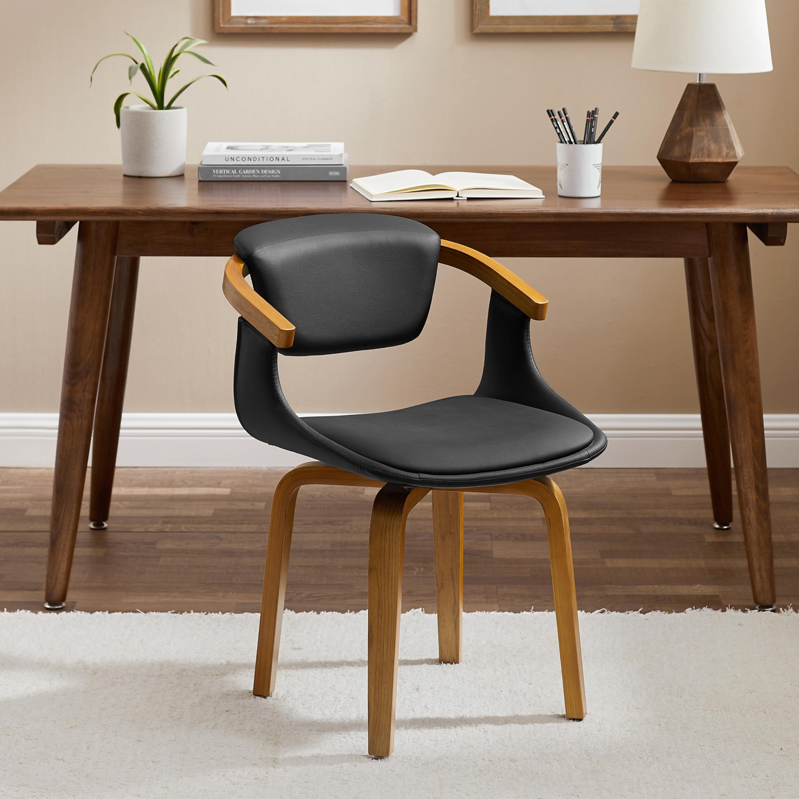 Art LeonOffice Chair No Wheels - Mid Century Modern Swivel Desk Chair, Faux Leather Upholstered Accent Chair for Living Room Bedroom Study, Black