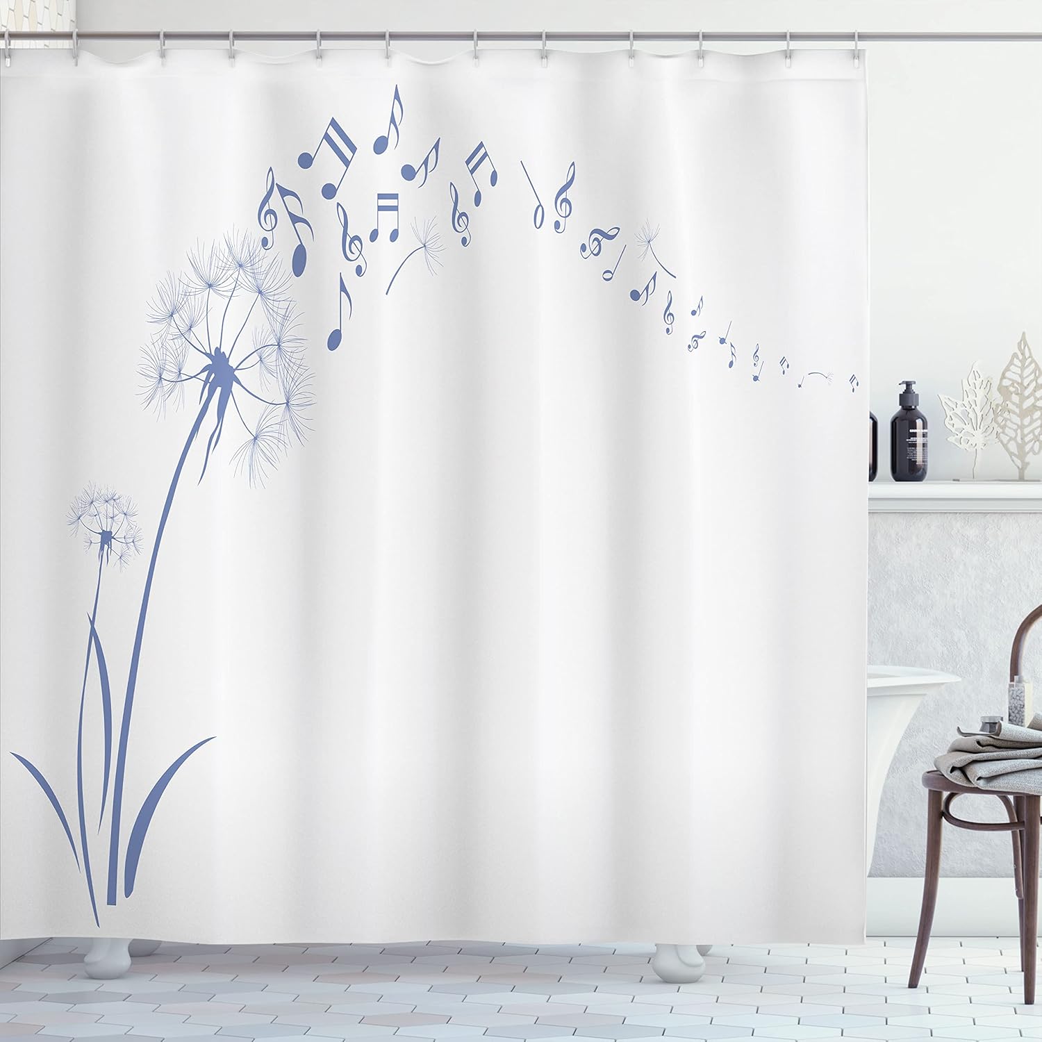 Ambesonne Music Shower Curtain, Flying Dandelions Notes Summer Spring Meadow Silhouette Softness Simple Print, Cloth Fabric Bathroom Decor Set with Hooks, 69" W x 70" L, Slate Ice Blue