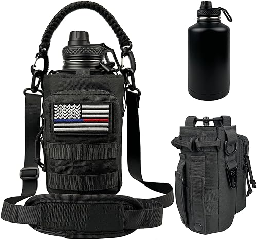 Miniatura 40 de Botella de agua aislada de 32 onzas, jarra de agua negra militar de acero inoxidable con manga, botellas de agua para gimnasio para hombres,