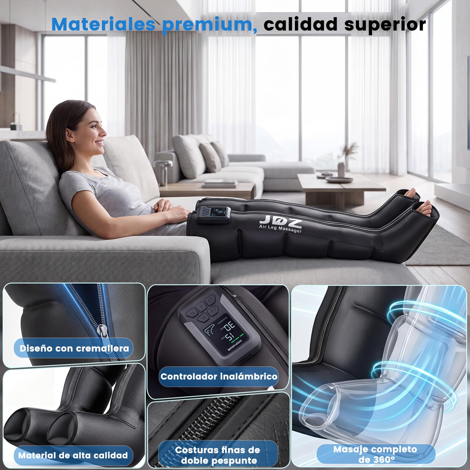 Presoterapia para Casa Relax Inalámbrico con 5 Cámaras de Aire, Botas Presoterapia Piernas Deporte con 3 Temporizadores para Pies Pantorrillas Muslos Confort Piernas Cansadas Relajación Muscular - XL