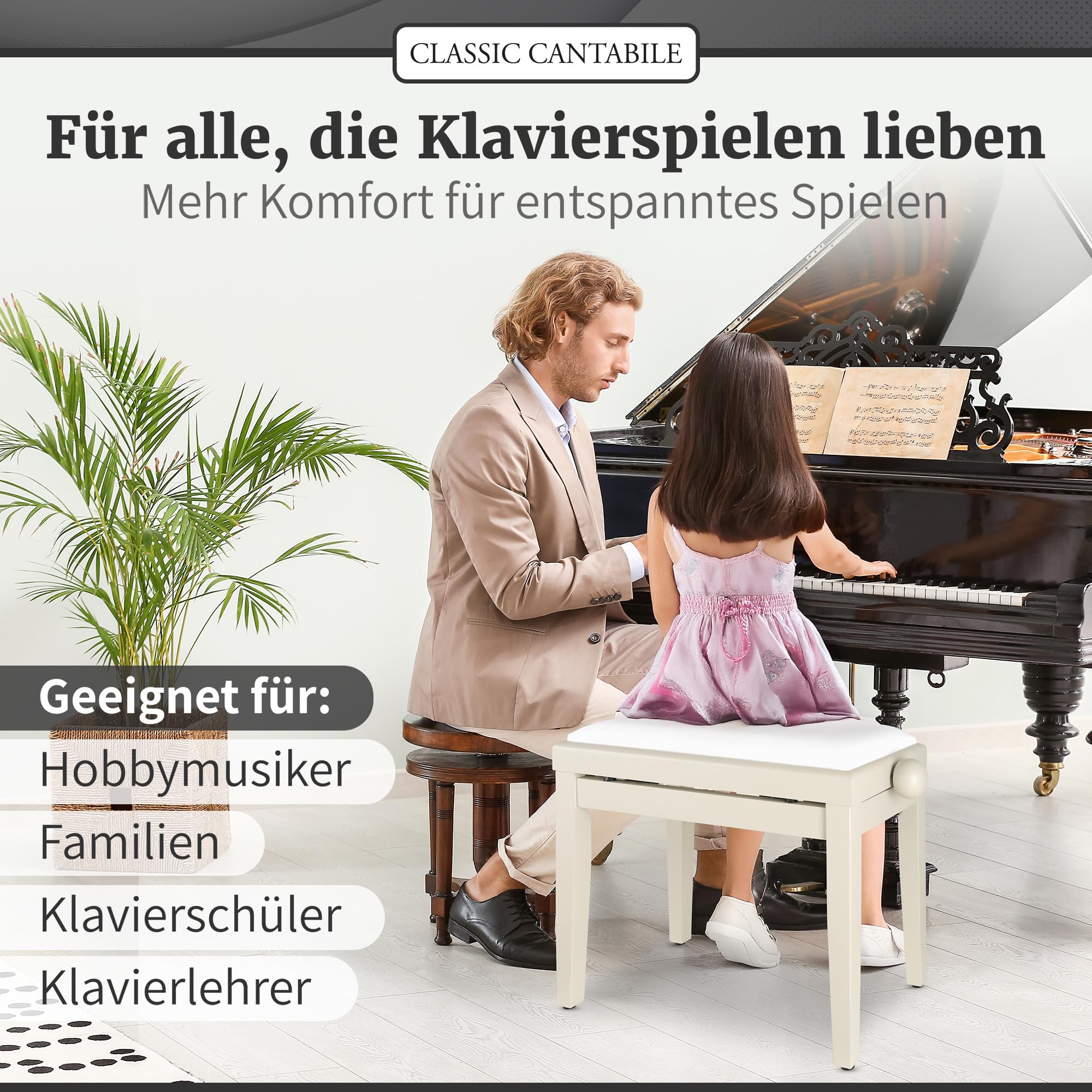Classic Cantabile Pianobank (höhenverstellbar von 47-56cm, Spindelmechanik, Sitzfläche 55 x 32cm, weißer Velourbezug, stabil) Weißesche matt