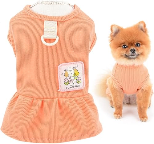 Miniatura 8 de SMALLLEE_LUCKY_STORE Vestido de arnés para perro de color liso, lindo vestido de punto para perros pequeños, gatos y niñas con anillo en D, falda