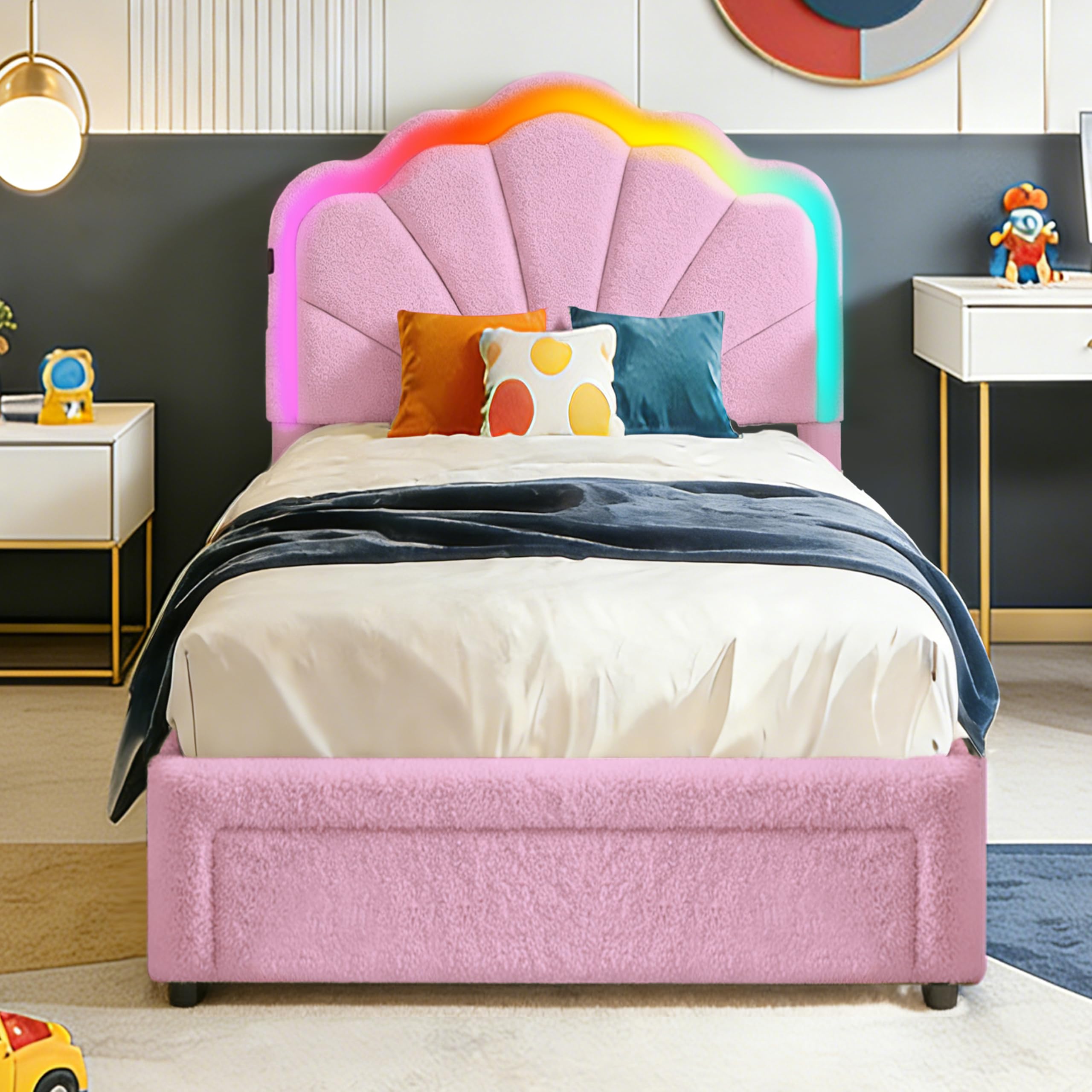 Bettrahmen mit 1 Schublade, 90×200 cm, Teddyvelours, Pink | LED-Beleuchtung, verstellbares Kopfteil, Ladestation, USB & Type-C, gepolstertes Bett, Fußteil-Schublade, Holzlatten
